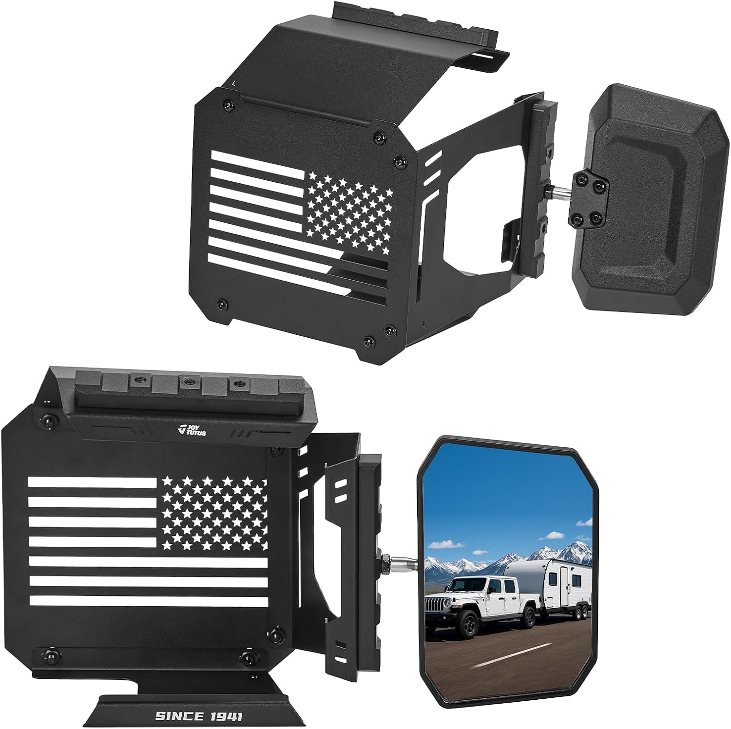 JOYTUTUS Towing Mirrors Extensions Compatible with 2018-2025 Wrangler JL/JLU & Gladiator JT, 360 Degree Rotation Adjustable, Integrated Tactical Rails for Versatile Mounting