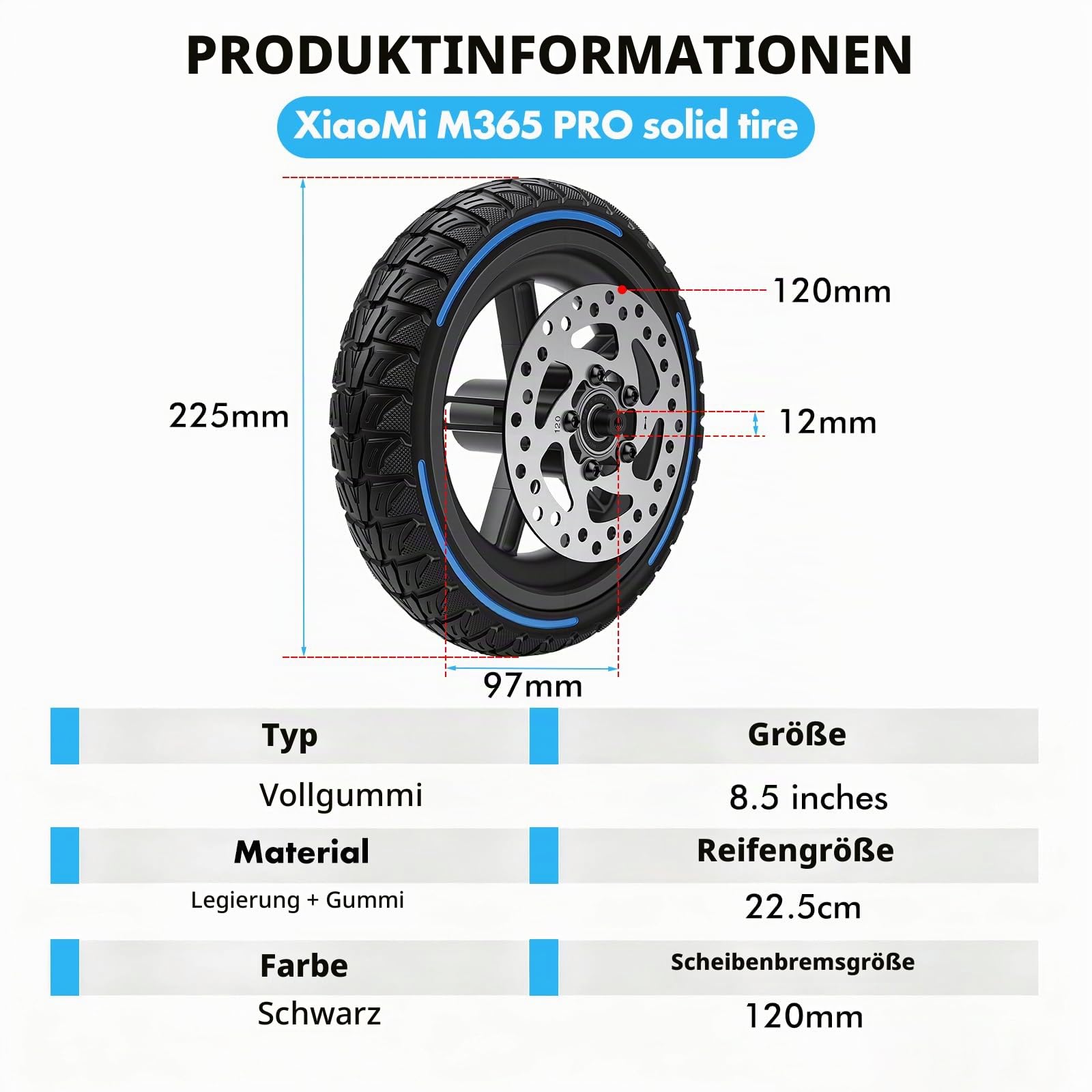 BuyWeek E-Scooter Hinterrad Vollgummireifen mit 120 mm Scheibenbremse für Xiaomi M365 PRO/PRO 2, Explosionssicherer Druckfester Stoßdämpfender Hinterreifen (Nicht für Xiaomi M365, 1S)