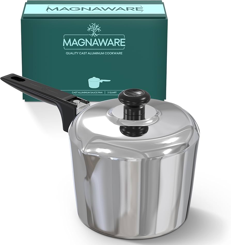 Cast Aluminum Sauce Pan with Lid - Multipurpose Lightweight Saucepan with 2 Side Pour Spouts & Stay-Cool Handle - Small Cooking Pot for Sauces, Pasta, Soup - Oven Safe (3 Quart)