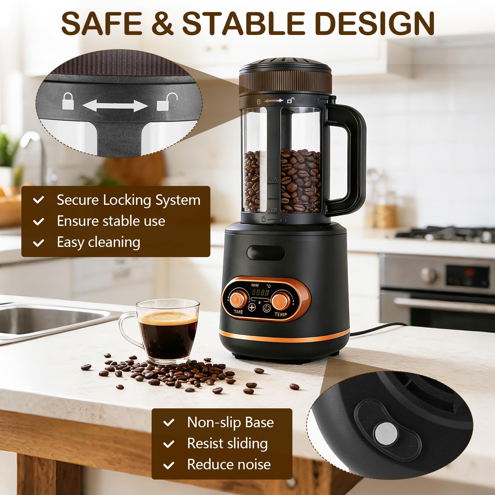 Torréfacteur à café à air chaud 200 g, machine automatique 2200 W pour grains de café, bol à grains séparé, température et minuterie réglables en continu, idéal pour la maison et le café