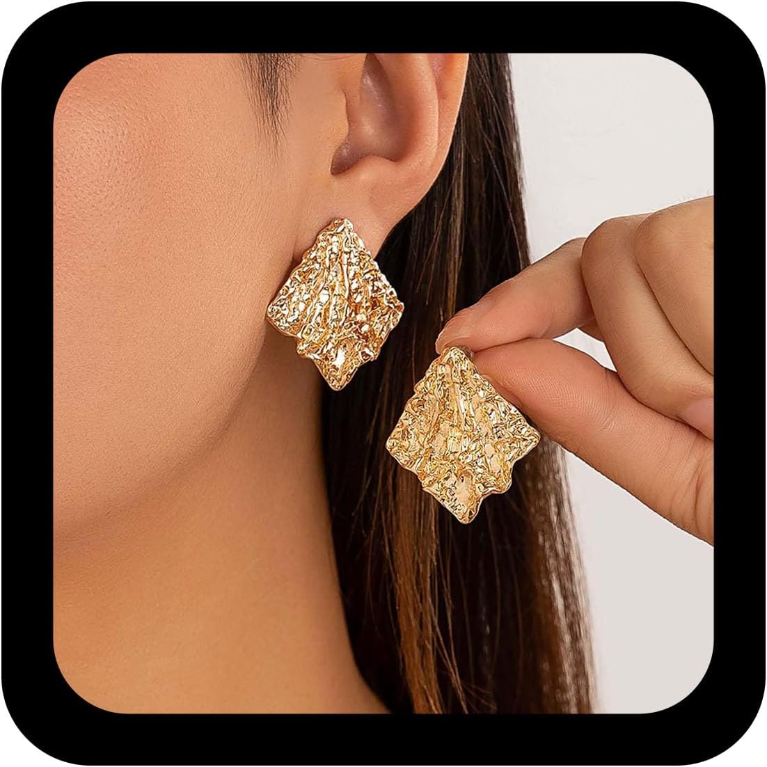 Boho Irregular Crumpled Square Earring Gold Hammered Square Earrings Textured Geometric Earring Metal Chunky Rhombus Stud Earring Jewelry for Women