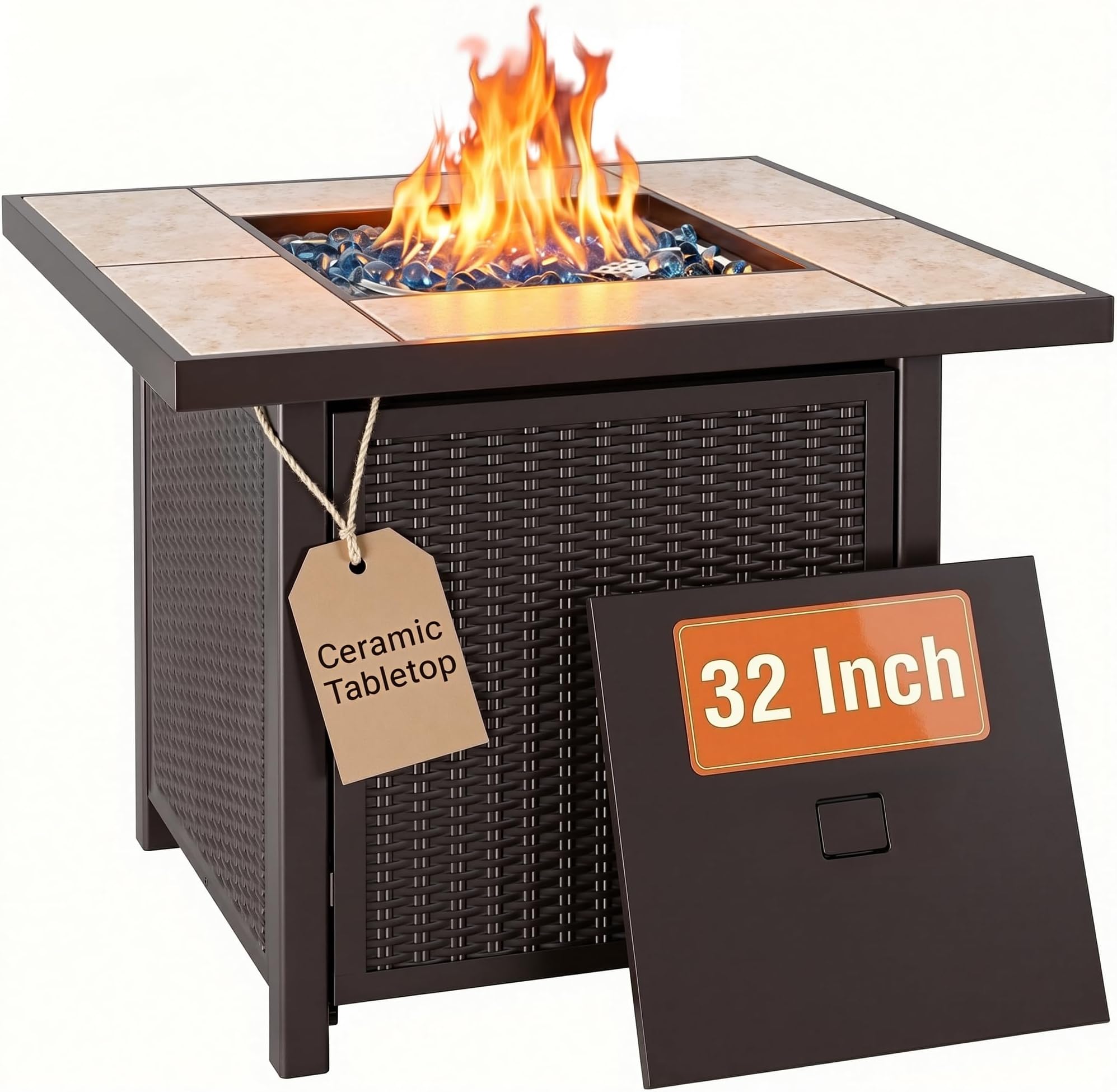 BALI OUTDOORS Propane Gas Fire Pit Table 32 inch 50,000 BTU Square Gas Firepits for Outside, Brown
