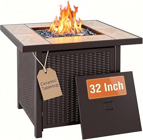 BALI OUTDOORS 32 Inch Square Propane Fire Pit Table 50,000 BTU with Blue Fire Glass & Tile Top BALI OUTDOORS 32 Inch Square Propane Fire Pit Table 50,000 BTU with Blue Fire Glass & Tile Top