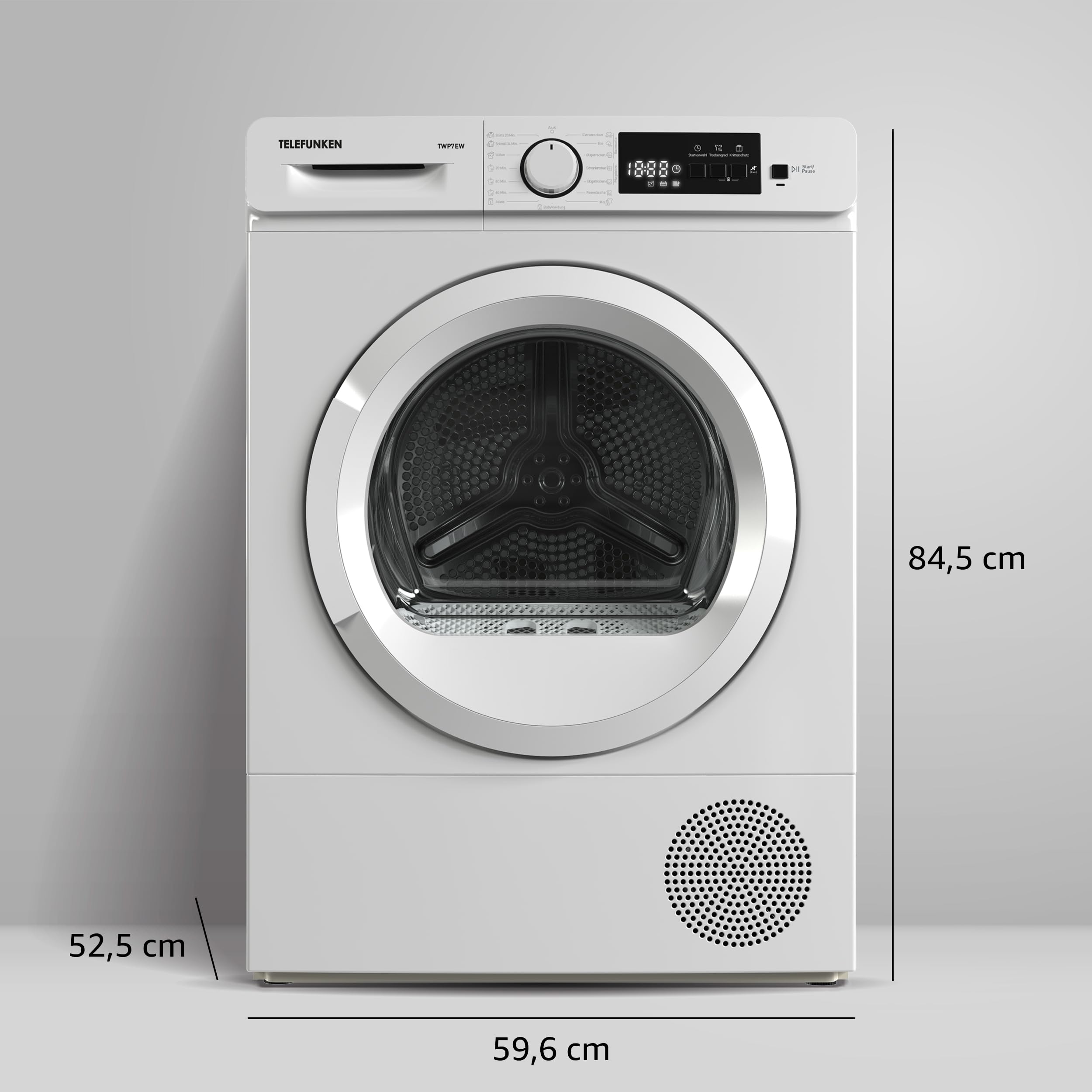 Telefunken Wärmepumpentrockner für 7 kg Wäsche, Trockner Frontlader, Wäschetrockner mit Knitterschutz und Startzeitvorwahl, Energiesparend, leise 64 dB, 15 Programme, Trommelbeleuchtung, TWP7EW