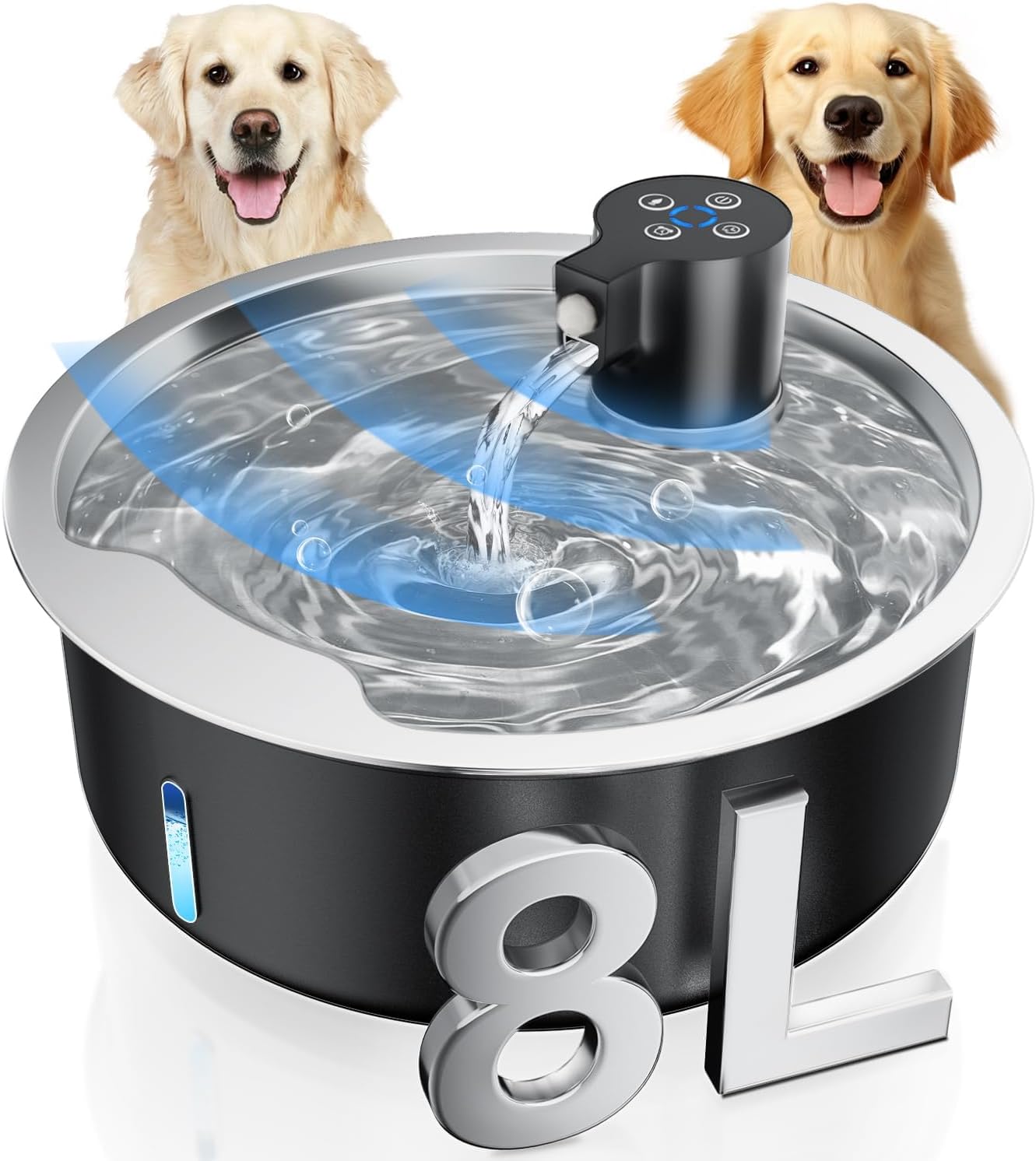 battery operated dog water fountain, 2.1gal/8l/272oz cordless stainless steel pet water fountain with motion sensor for large dogs, multi-cats, ultra quiet pump, indoor and outdoor drinking dark 8l