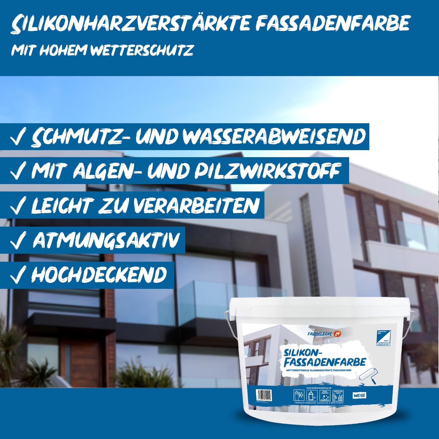 Silikon Fassadenfarbe 5L (versch. Größen) weiss, wetterbeständig, schmutzabweisend, Außenfarbe