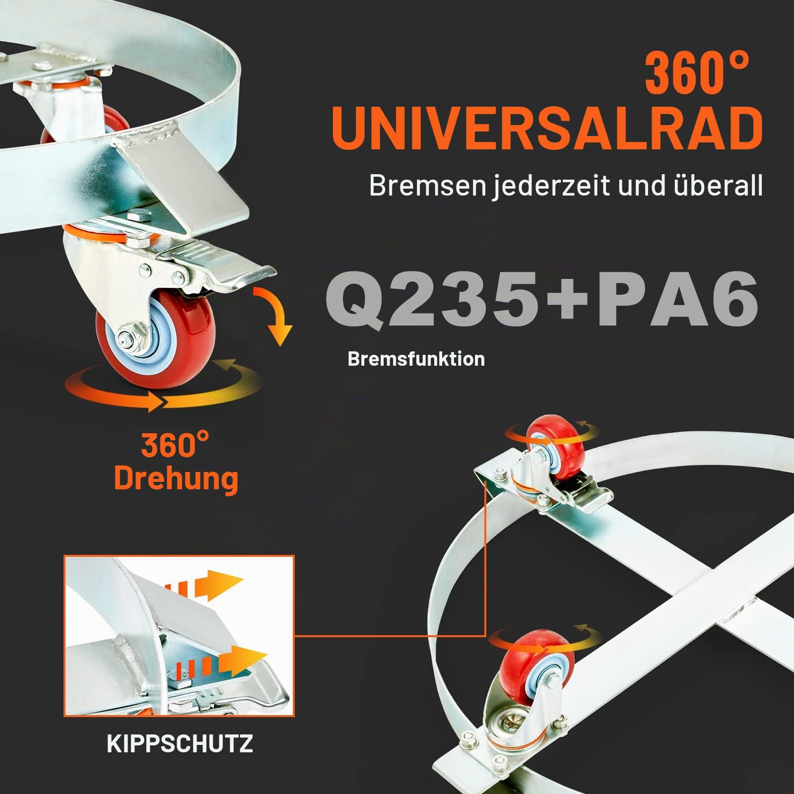 VEVOR 2X Fassroller 250L Transportroller Kohlenstoffstahl Rollbrett Innendurchmesser Ø 607mm Fasswagen mit 4 Universalrädern mit Bremsen Rollwagen Transportwagen zum Transport von Fass bis zu 454kg