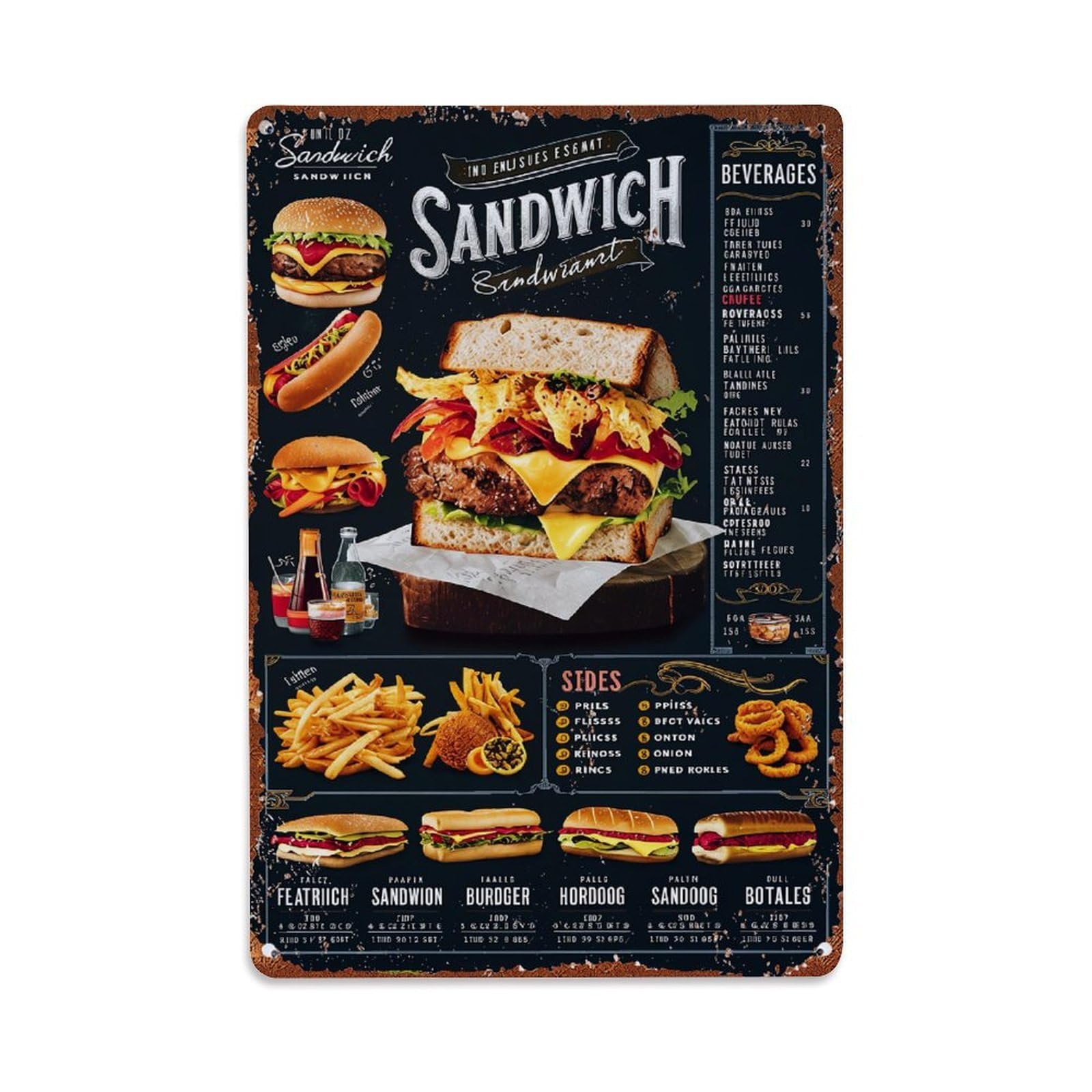 Jdfenggu Vintage Sandwich Menu Design Pattern Print Retro Metal Tin Sign, Decor Art Poster For Bar, Home, Man Cave, Kitchen, Laundry Room Gift 8X12inch