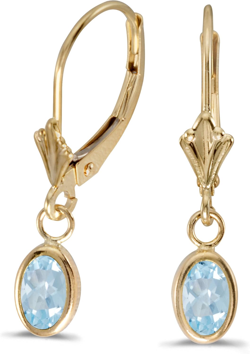 14k Yellow Gold Oval Aquamarine Bezel Lever-back Earrings