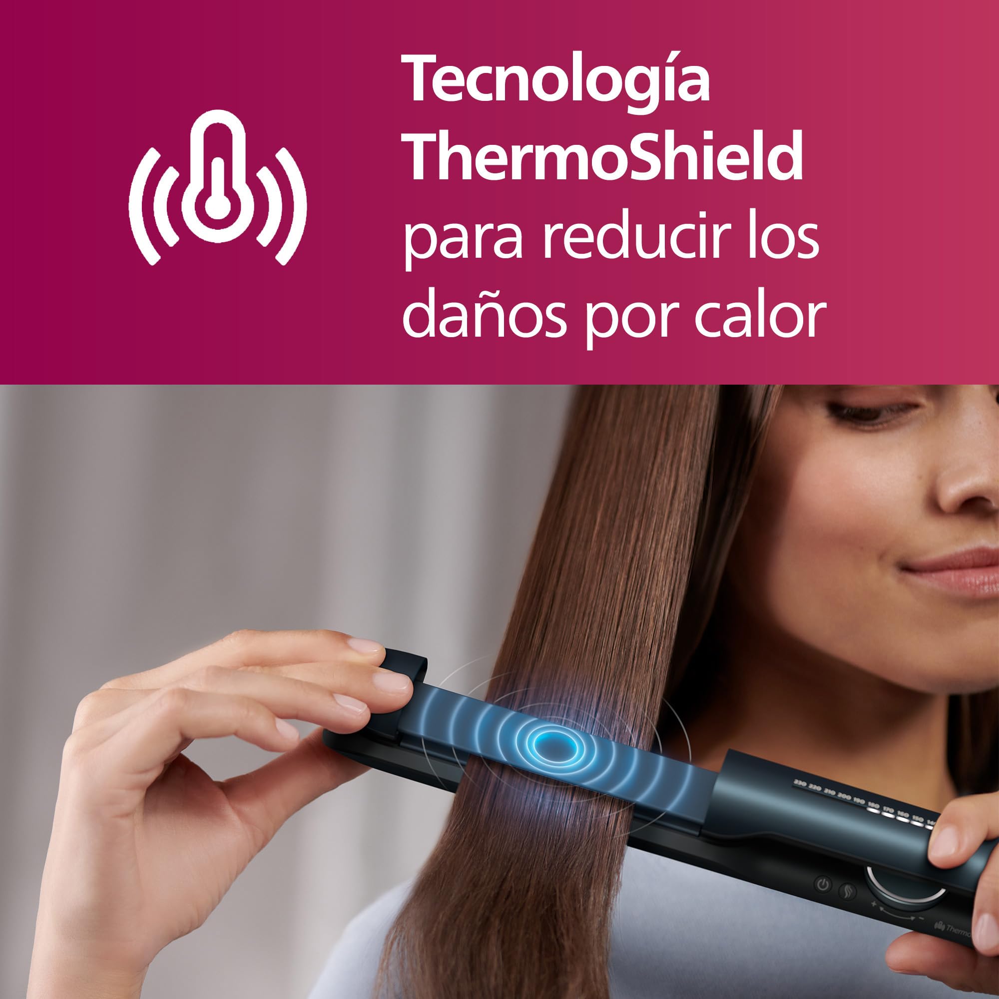 Philips Plancha de pelo serie 7000 con tecnología ThermoShield, Iones, Placas de 105mm de Largo Flotantes con Aceite de Argan, 50% más rapida, BHS732/00, Azul