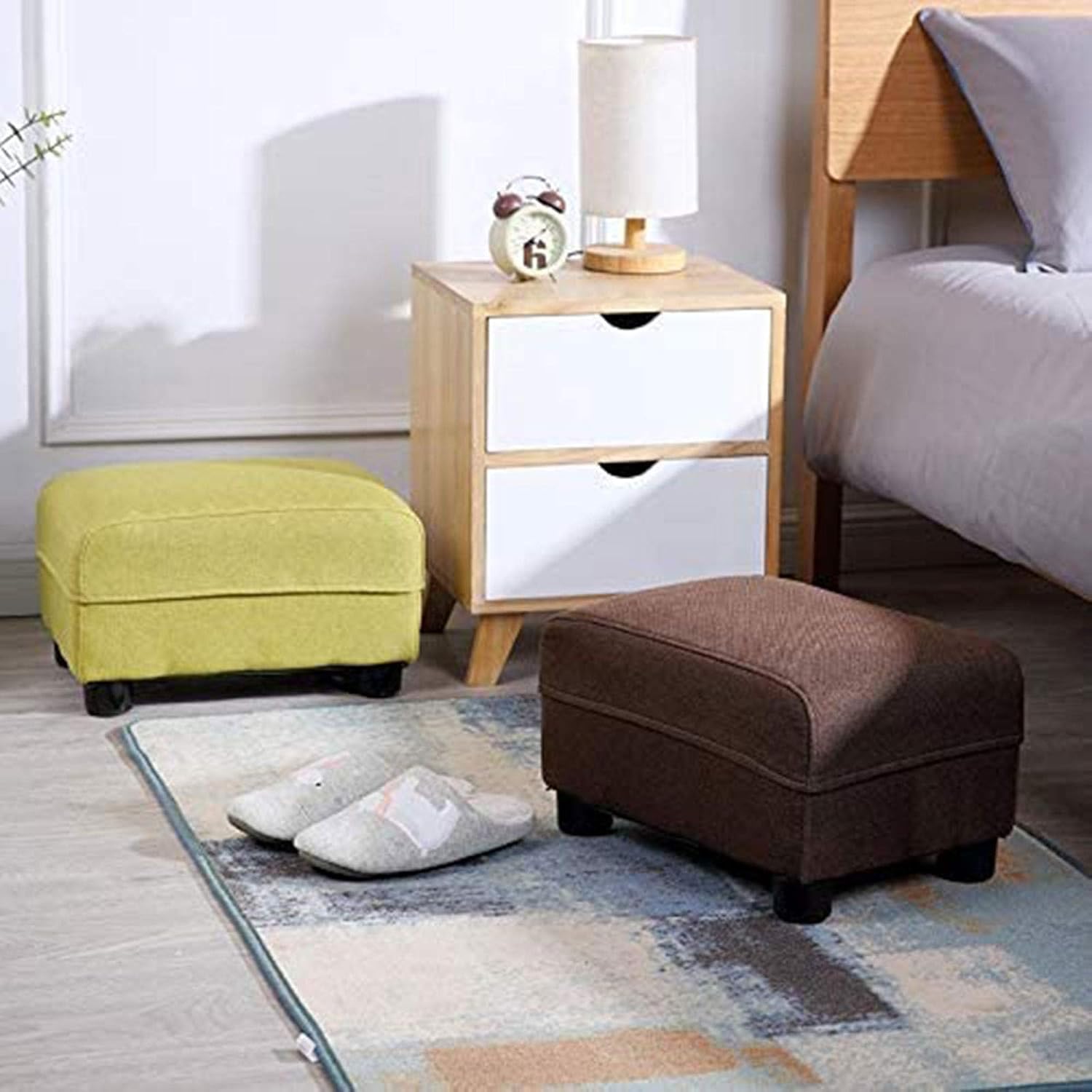 Generic Footstool Dressing Table Footrest Sofa Stool, Solid Wood Fabric Change Shoes Stool Living Room Stool Small Sitting Bed Bedroom Footstool 35X24X22Cm,Practicalniture/E