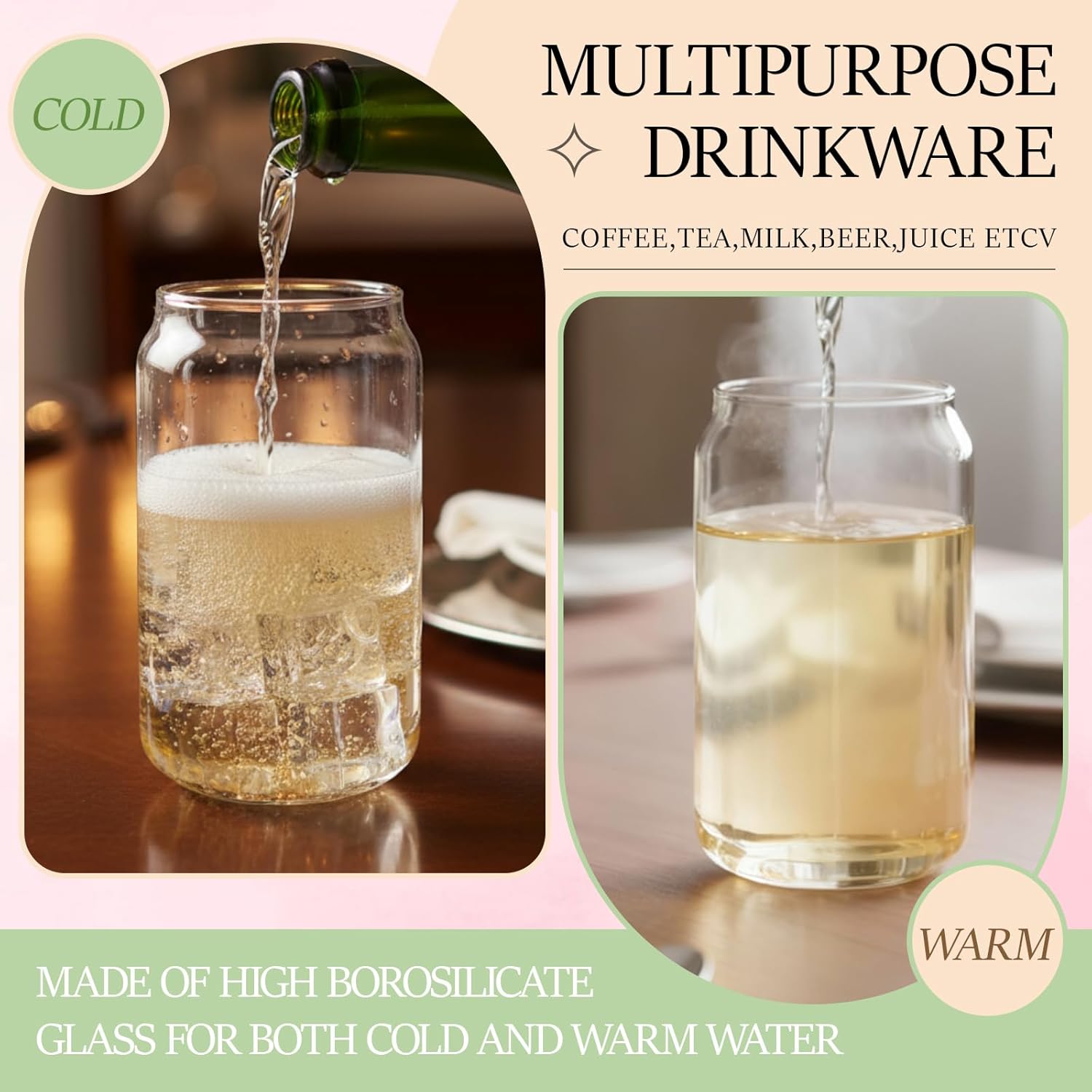 Set of 18 Can Shaped Drinking Glasses, 16 oz Clear Goblet Glass Cups, Cute Iced Coffee Tumblers Glassware for for Margarita, Beer, Cocktails, Whiskey, Soda, Tea, Water - Image 3