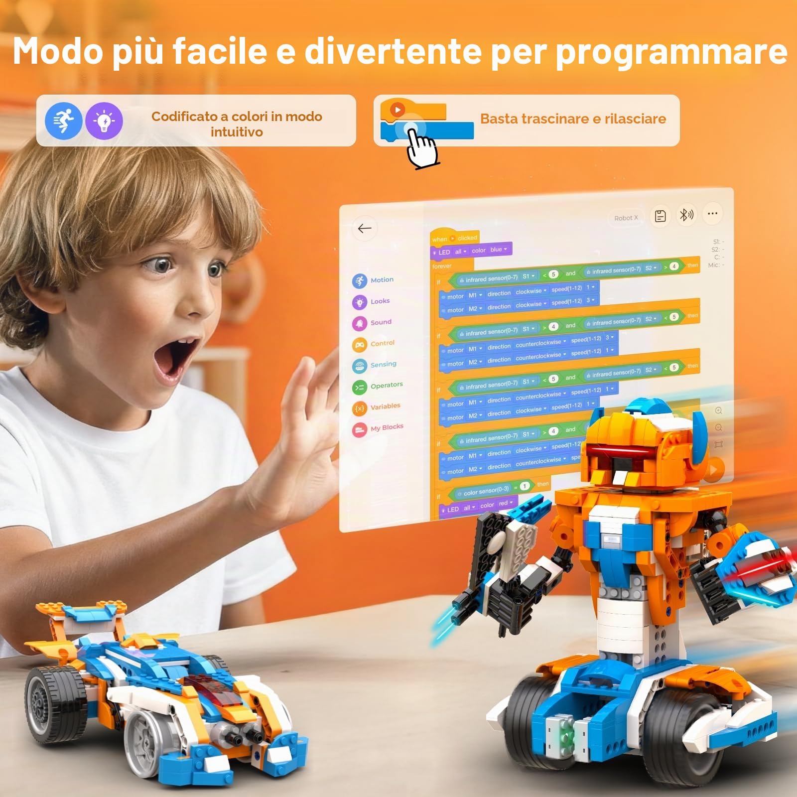 Apitor Robot X, Giocattoli robot STEM per bambini 8-12, giocattolo di codifica per ragazzi 8+ anni, giocattoli STEM, kit di costruzione robotica 12 in 1, kit scientifico per bambini, regali