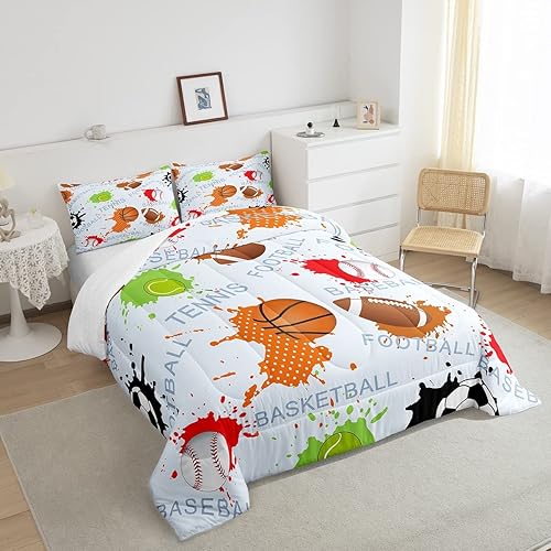Miniatura 4 de Juego de edredón de béisbol tamaño individual, juego de ropa de cama de baloncesto con dibujos animados para niños, juegos deportivos, edredón de