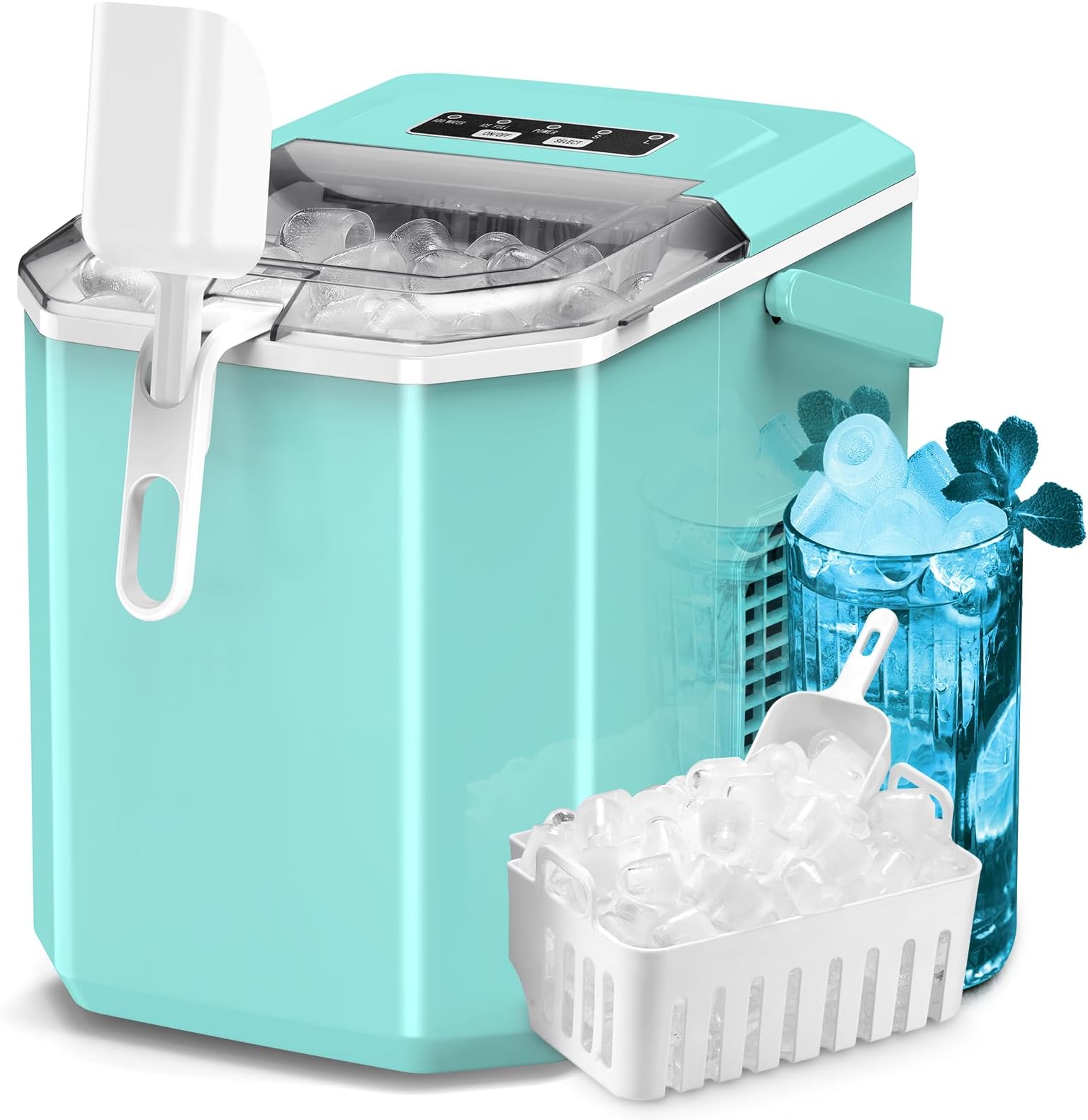 ZAFRO Countertop Ice Maker, 26.5Lbs/24H, 9 Bullet Cubes in 6 Mins, Self-Cleaning Portable Ice Machine with 2 Ice Sizes (S/L), Quiet Compact Design, Double Handles, for Home, Party, RV, Camping, Green