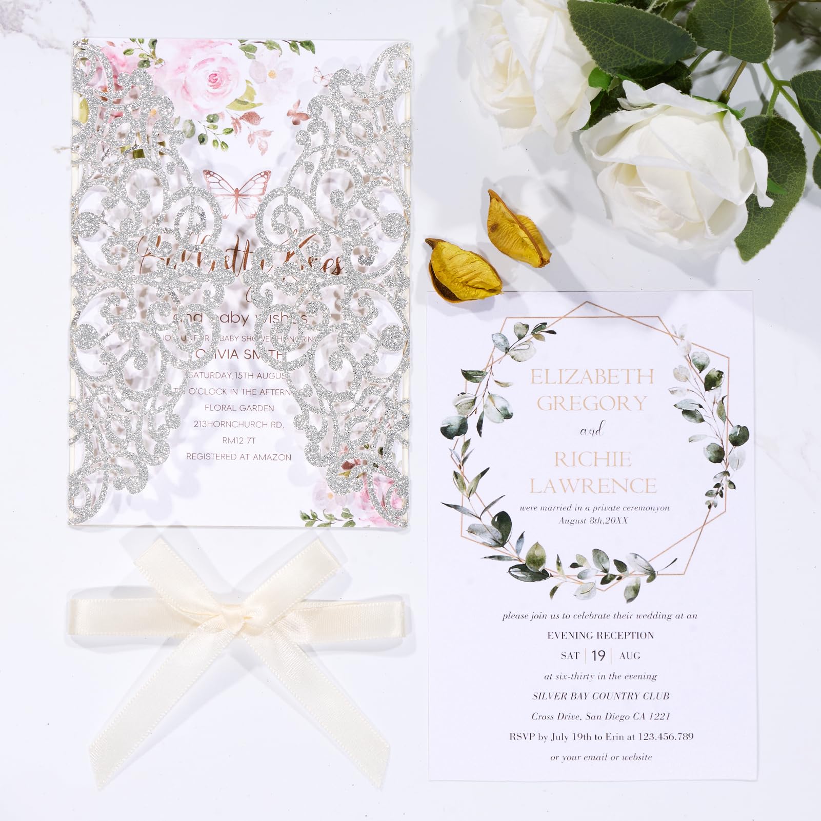 Hochzeitseinladungen mit Umschlägen und RSVP-Karten, Bändern, lasergeschnitten, blanko, Innenblatt, Perlpapier, Tarjetas de Invitación Para Boda XV Anos Quinceañera, Hochzeitseinladung, 50 Stück
