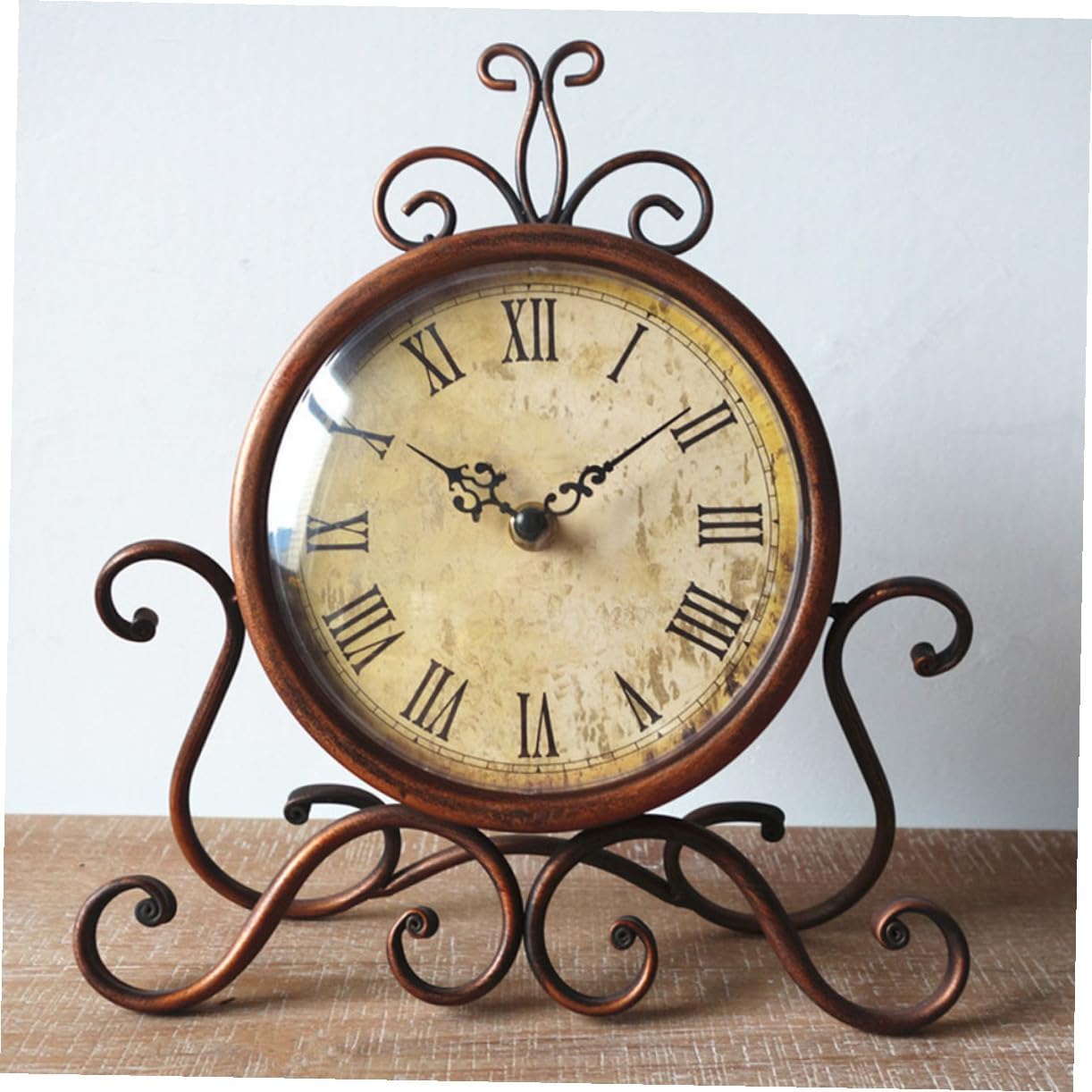 SUPVOX European Style Retro Iron Mantel Clock Brown Pastoral Decorative Desktop Clock for Living Room and Bedroom