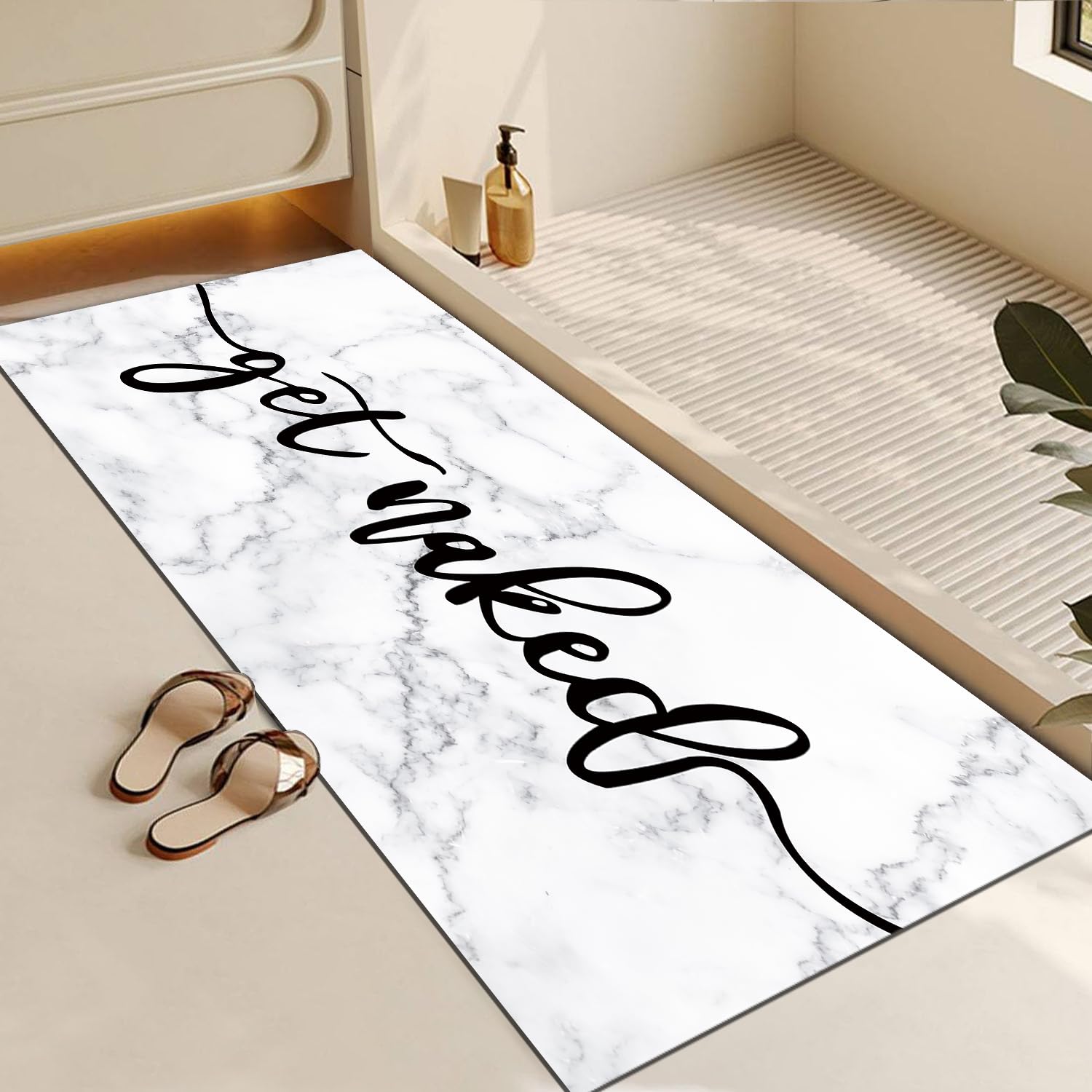 Long White Marble Bathroom Rug,Funny Quick Dry Absorbent Get Naked Bath Mat Runner,Rubber Non-Slip Thin fit Under Door Bathroom Runner Rug Diatomite Stone Bath Mat