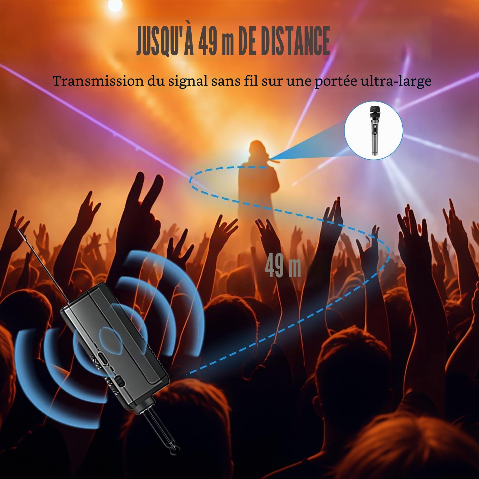 Microphone sans Fil, 2.4 GHz Microphone Karaoké Rechargeable, Système de Micro Dynamique sans Fil Double, Micro san Fils avec Récepteur pour Chanter Karaoké, Mariage, Classe, DJ, Fête, PA(Gris)