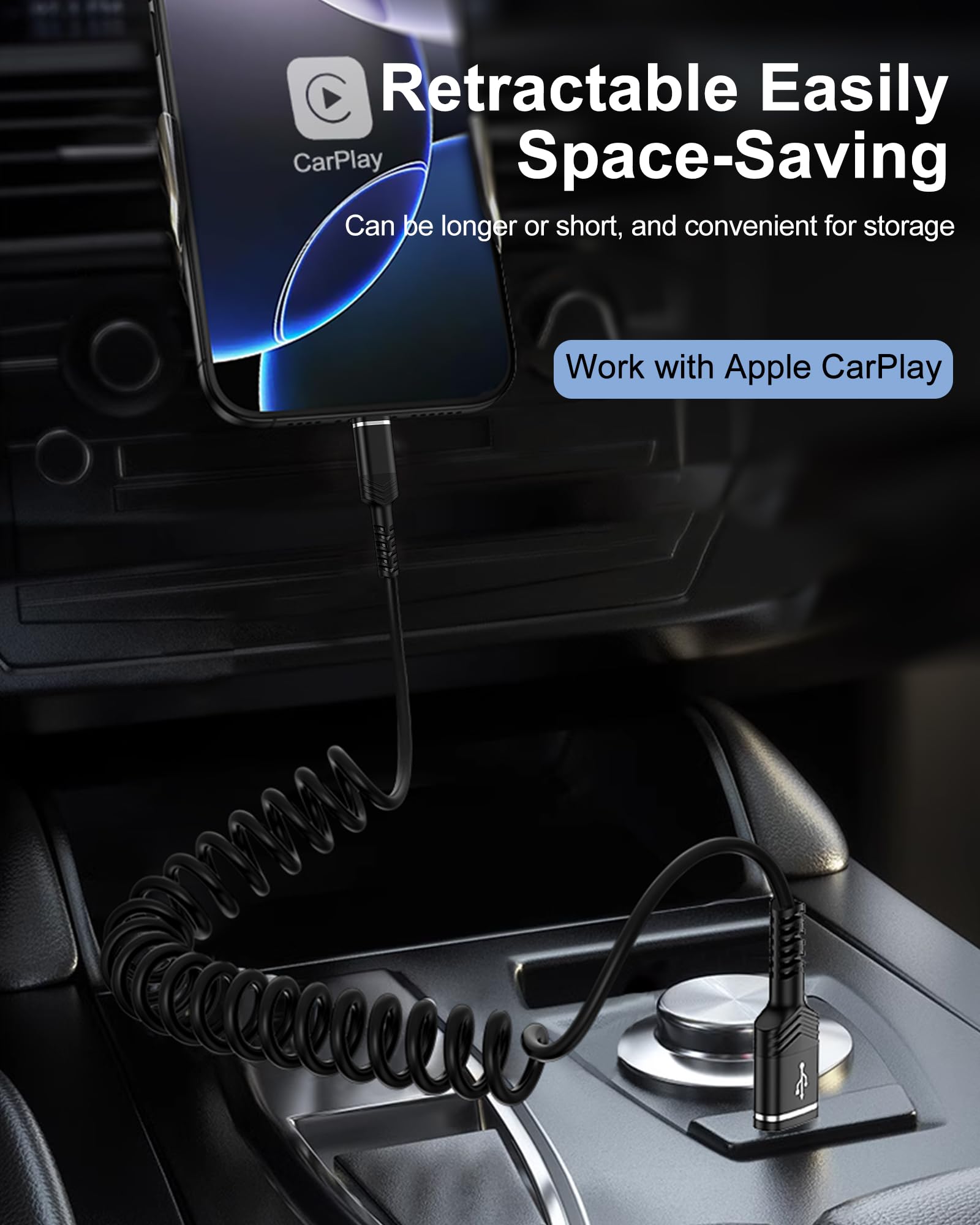 Cable USB a USB C en espiral, cable USB C de 4 pies, cargador de teléfono de coche, cable de carga rápida para iPhone 16 15 Pro Max/16 Pro/16 Plus/Galaxy/Pixel, cable USB-C retráctil para Apple
