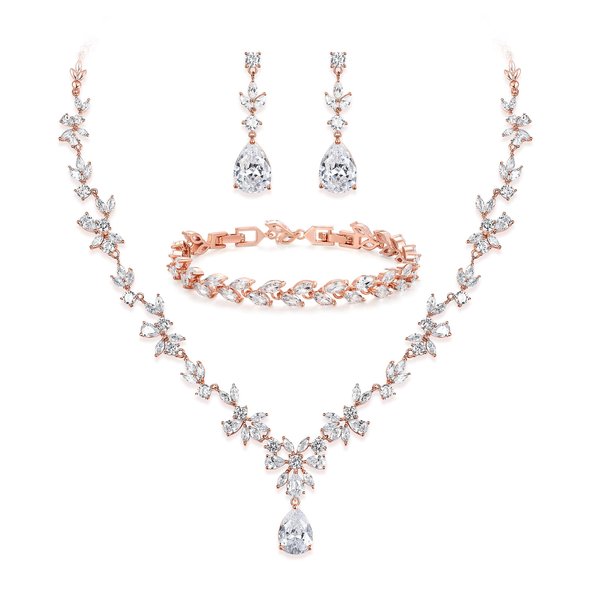 BriLove Gorgeous Wedding Jewelry Set for Women Bridal Cubic Zirconia Marquise Teardrop Leaf Cluster Y-Necklace Dangle Earrings Link Bracelet