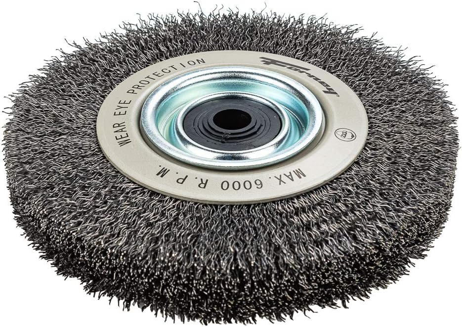 Forney 72896 Wire Bench Wheel Brush, Industrial Pro Crimped with 1/2-Inch Through 2-Inch Multi Arbor, 6-Inch-by-.012-Inch