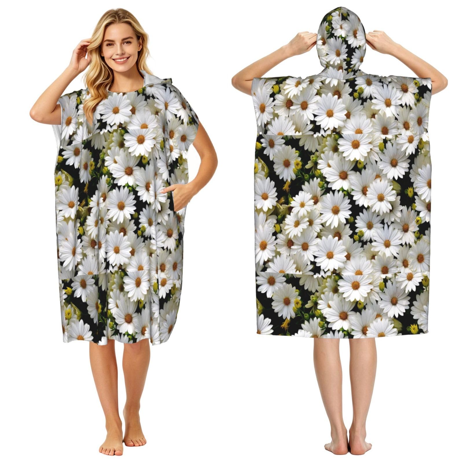 Poadnly Daisy Flower Print, Adult Hooded Beach Towel 90 x 110 cm,Changing Bath Robe, Surf Poncho Towel For Women Men