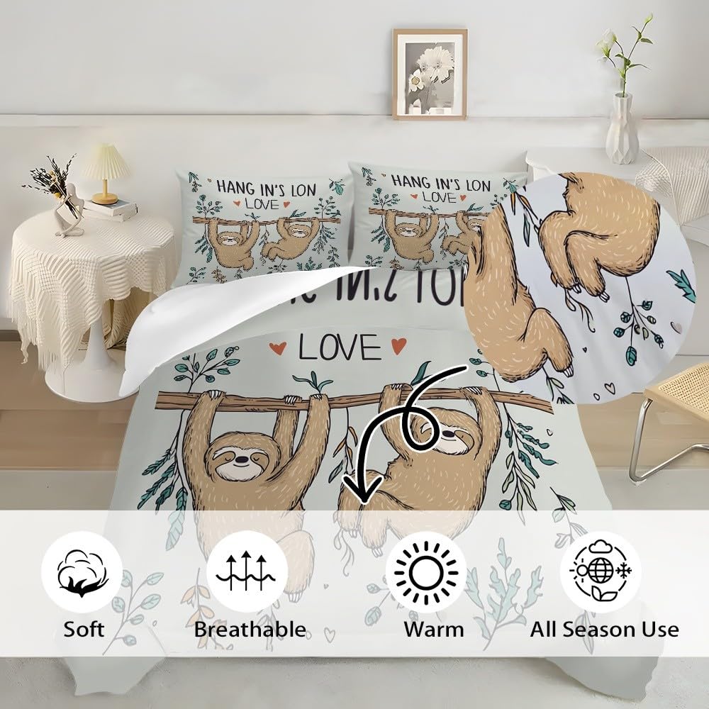 Uroczy leniwiec wzór 3-częściowy zestaw pościeli, 155 x 200 cm szara poszwa na kołdrę z zamkiem błyskawicznym miękka i oddychająca poszewka na kołdrę z poszewkami na poduszki 50 x 80 cm