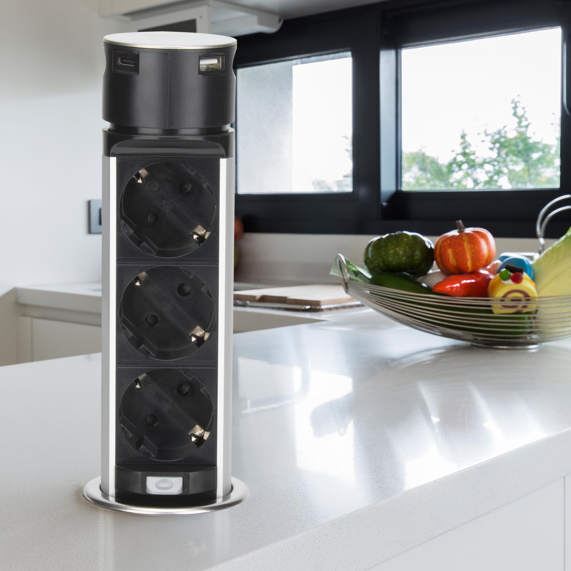 Torretta Multipresa Ø60 mm 3 x Prese Schuko e 2 x USB A e C - Cavo da 1,5m INOX Ciabatta Multipresa a Scomparsa IP20 per Cucina Ufficio Sala Conferenze