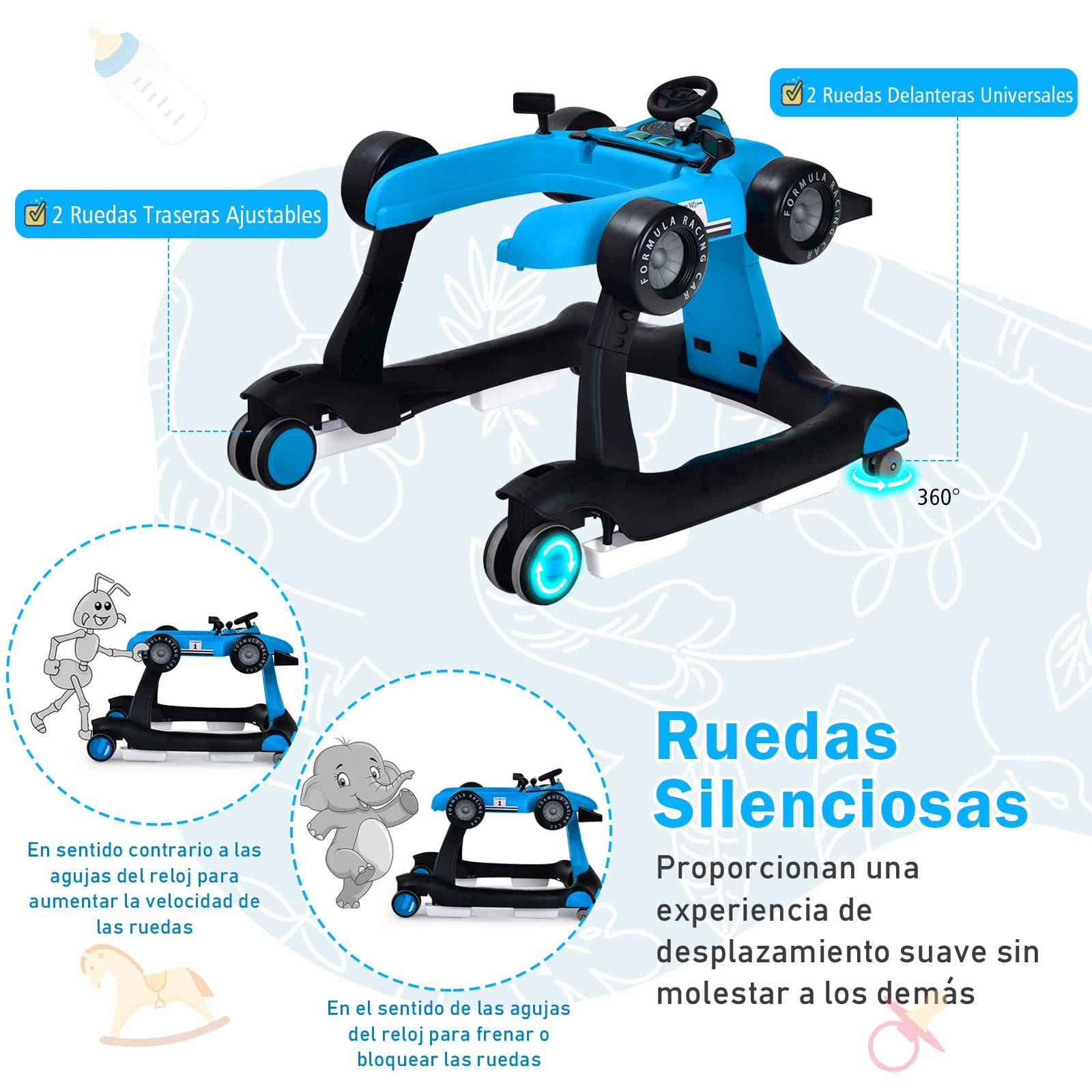 COSTWAY 4 en 1 Andador Bebes, Tacata Bebe Plegable con Altura y Velocidad Regulables, Carillón con Luces, Volante y Asiento con Cojín, Diseño Antivuelco, Caminador para Bebe de 6-18 Meses — view 8
