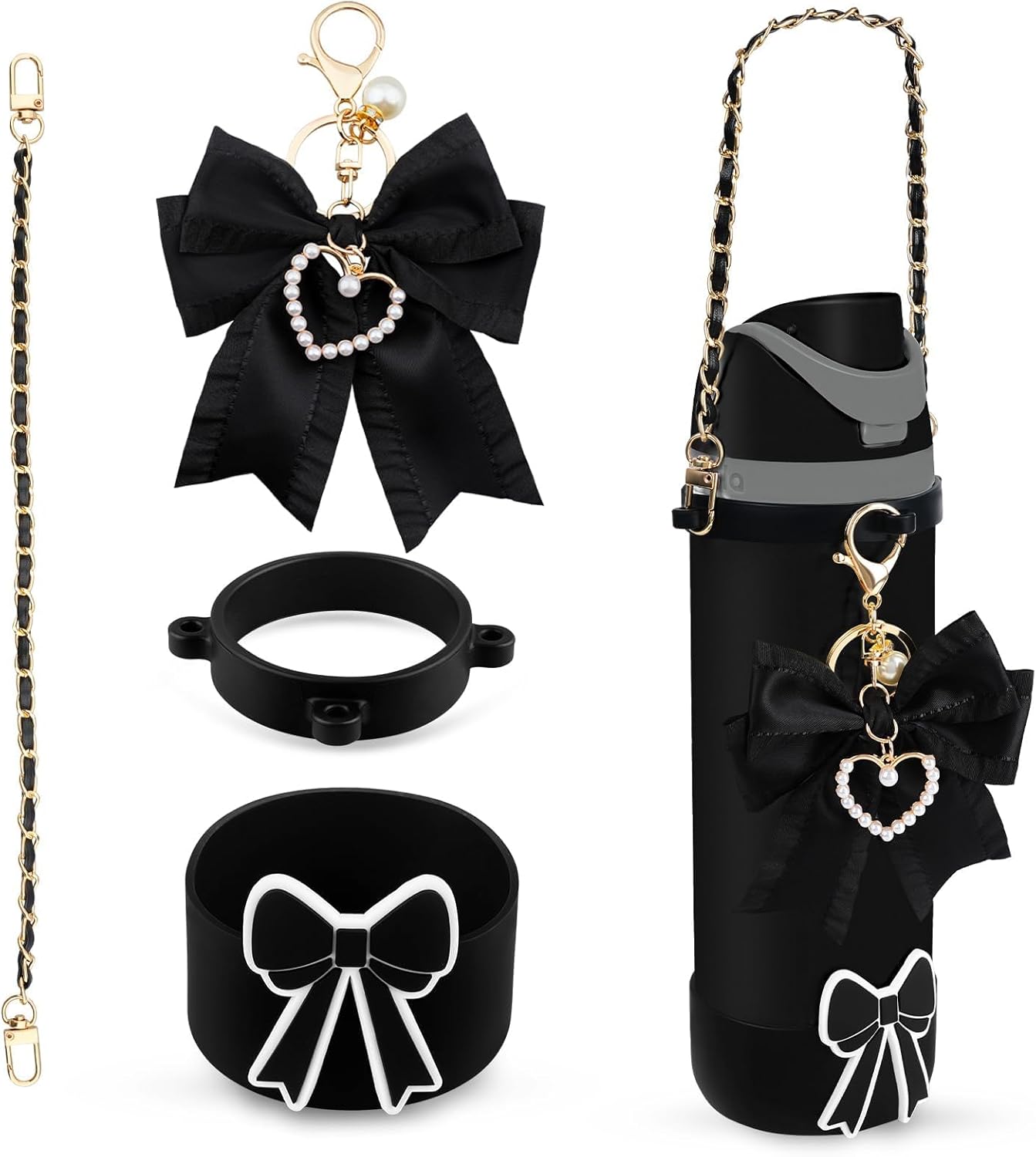 EnerCharge Compatible Owala Stanley Accessories Cute Set: Silicone Boot, Water Bottle Handle Strap, Bow Charm, Fit for Owala Tumbler Owala FreeSip 24oz, Stanley 20/30/40oz