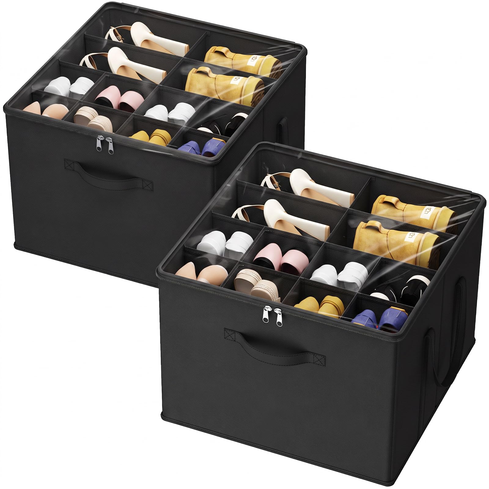 Lifewit Organisateur Chaussures pour Armoire, Boite Rangement Chaussures pour 12-16 Paires avec Couvercle Transparent, Shoe Organizer Pliable avec Séparateurs, 43 x 43 x 31 cm, Noir, Lot de 2