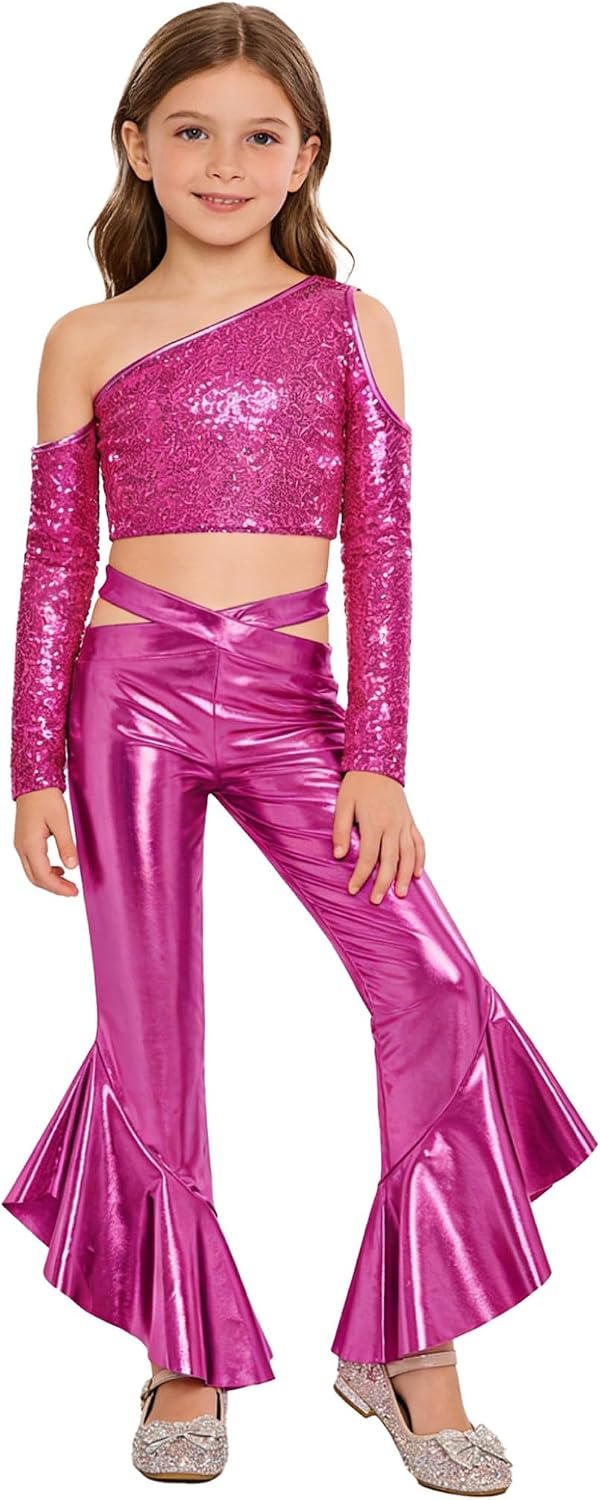Jelory Kids Girls Metallic Sequin Fringed Top And Ruffled Bell Bottom Pants 2 Piece Outfit Set Hip Hop Jazz Dance Performance Hot Pink 16 Years