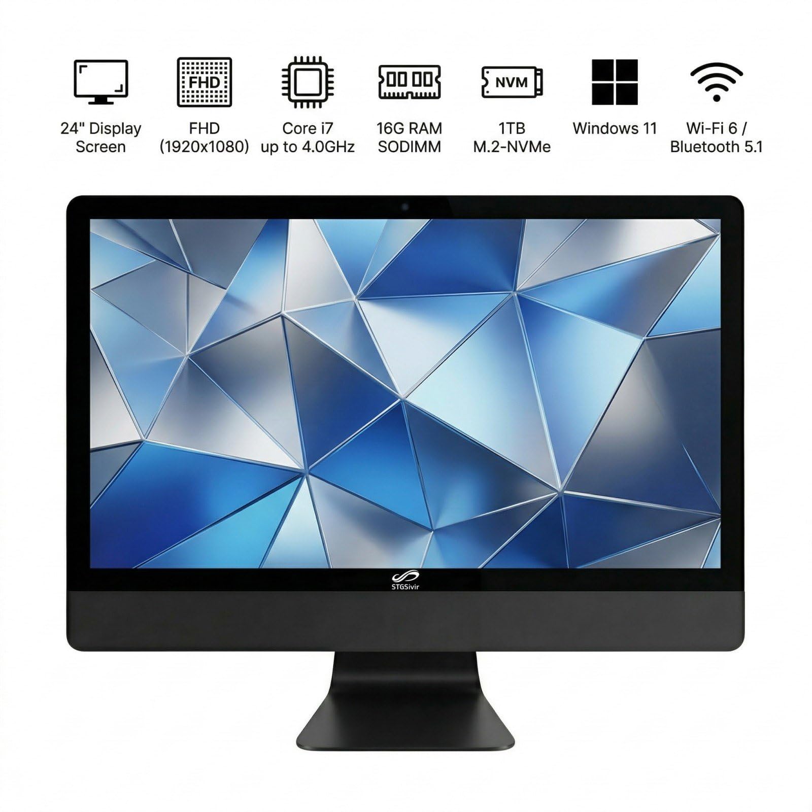 STGsivir All in One PC, Ordenador de Sobremesa 24" FHD, Core i7 hasta 4.0 GHz, 16 GB RAM, 1 TB SSD, WiFi, Bluetooth 5.0, Windows11 Pro, Negro
