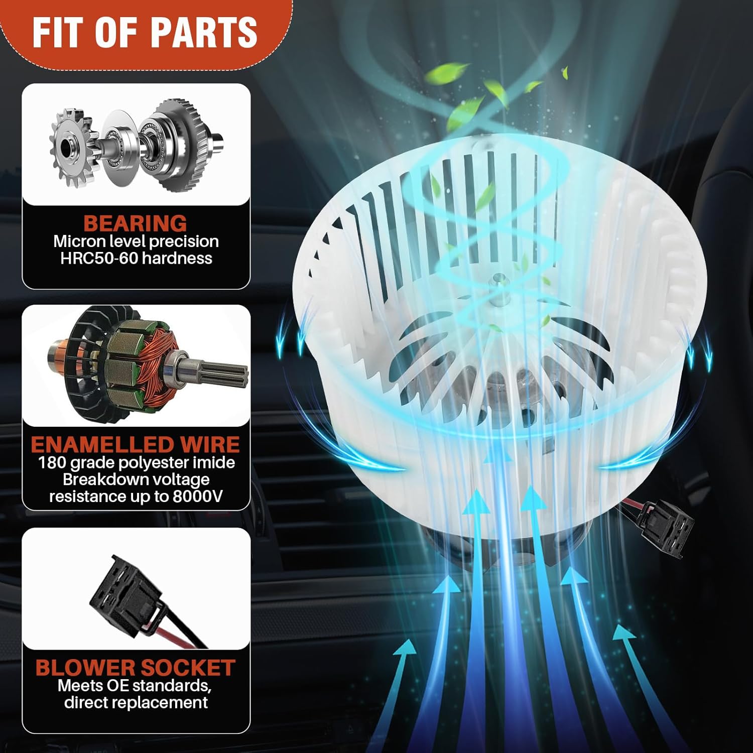 AC Heater Blower Motor with Fan 700294 Fit for BMW 528i 535i 535d 550i 640i 650i 740i 750i 750Li 760Li, Replacement for OE# 700294, 64119242607