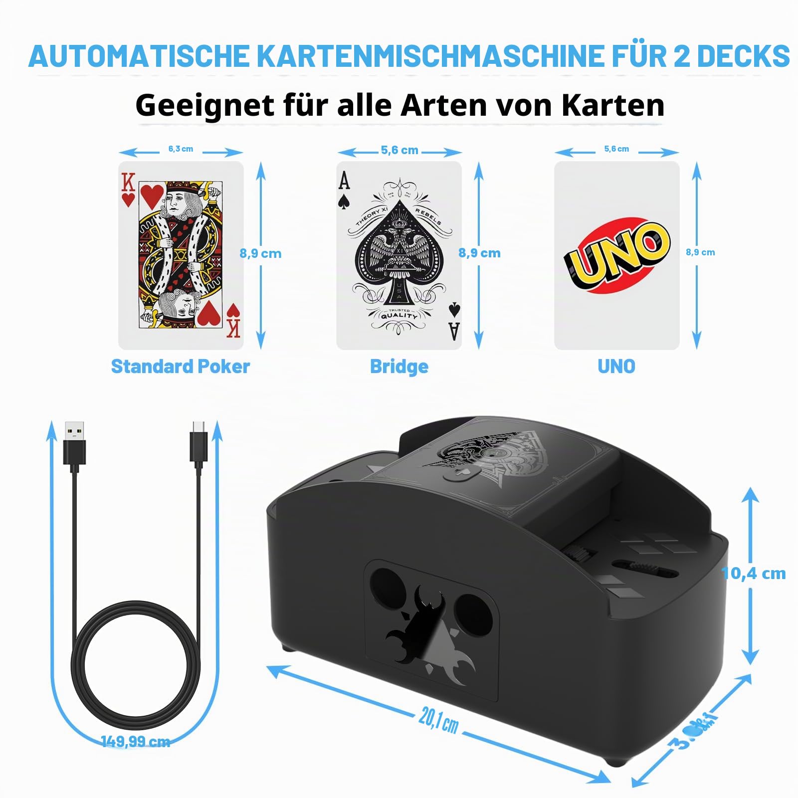 Ni-SHEN Vollautomatischer Kartenmischer, USB/batteriebetriebener elektrischer Mischpult, geräuscharmer Spielkarten-Shuffle für UNO, Poker, Phase 10, Skip-BO, Blackjack