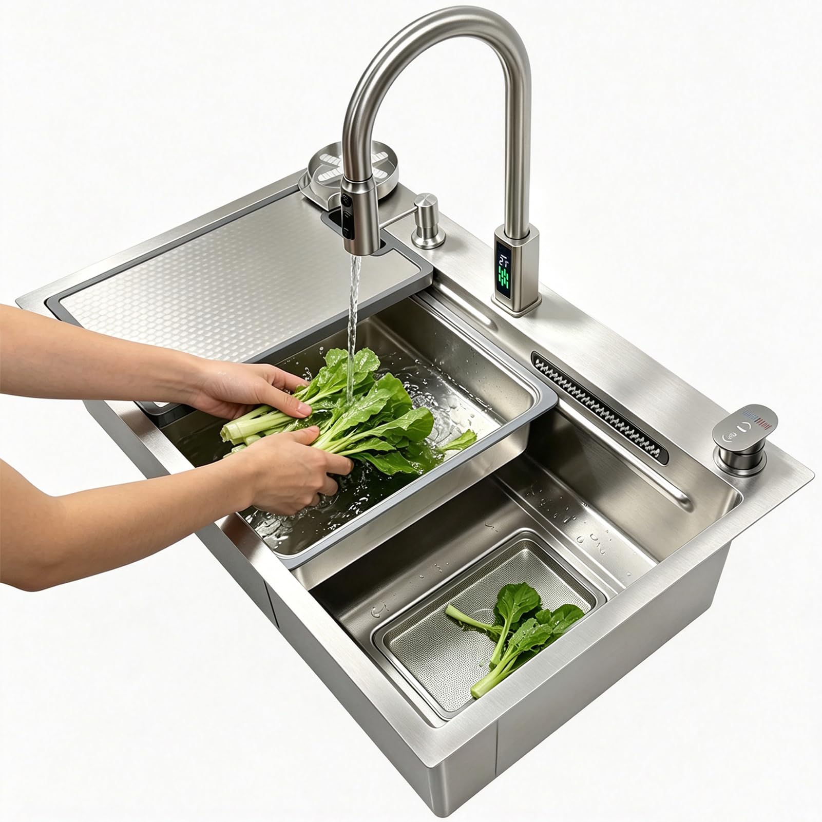 Lavello da cucina a cascata, 90 x 50 cm, con indicatore della temperatura, in acciaio inox 304 spazzolato, lavello multifunzione con manopola, dispenser di sapone, lavello per bicchieri, tagliere e