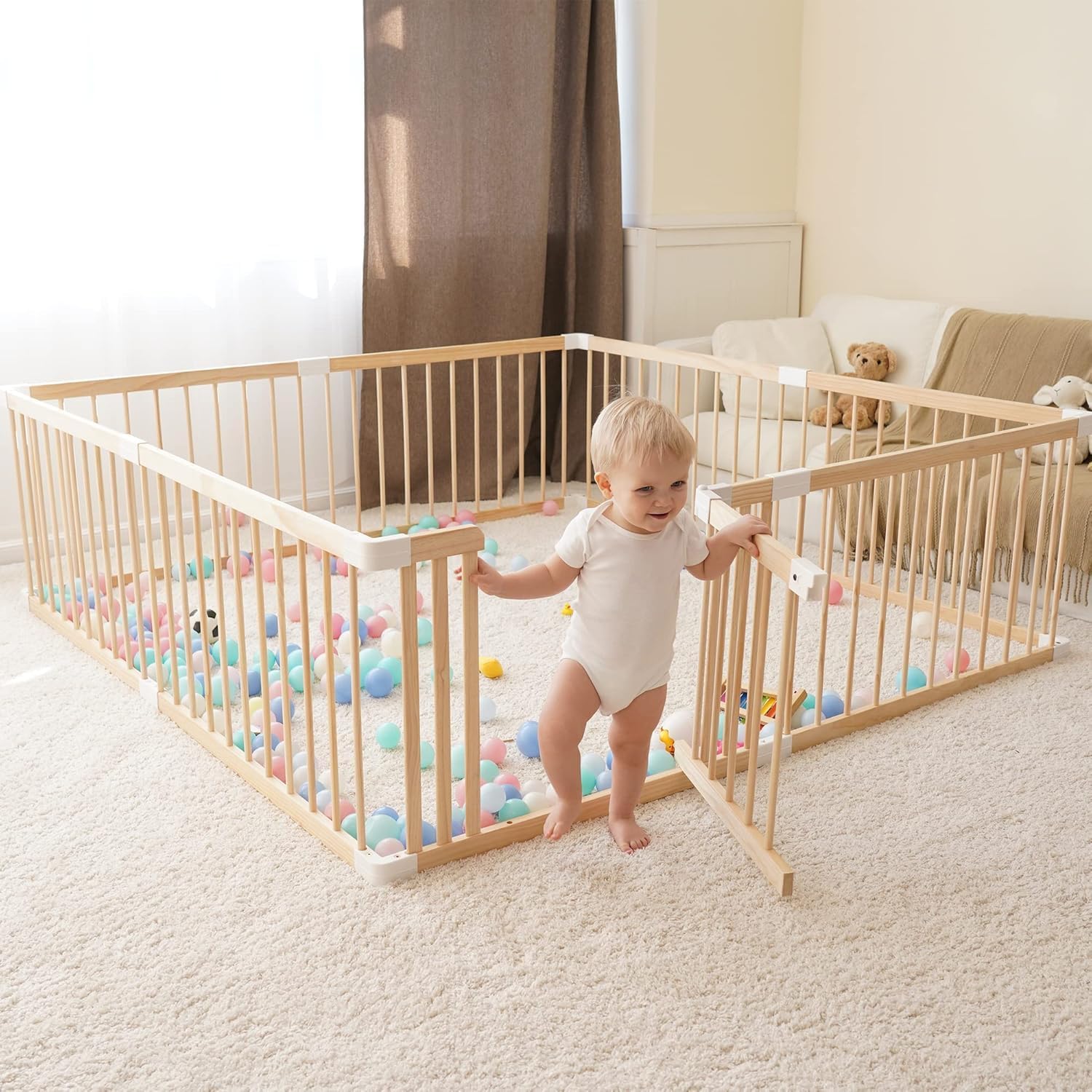 GGF 95×55" Extra-Large Rectangular Wood Playpen, Toddler Fence