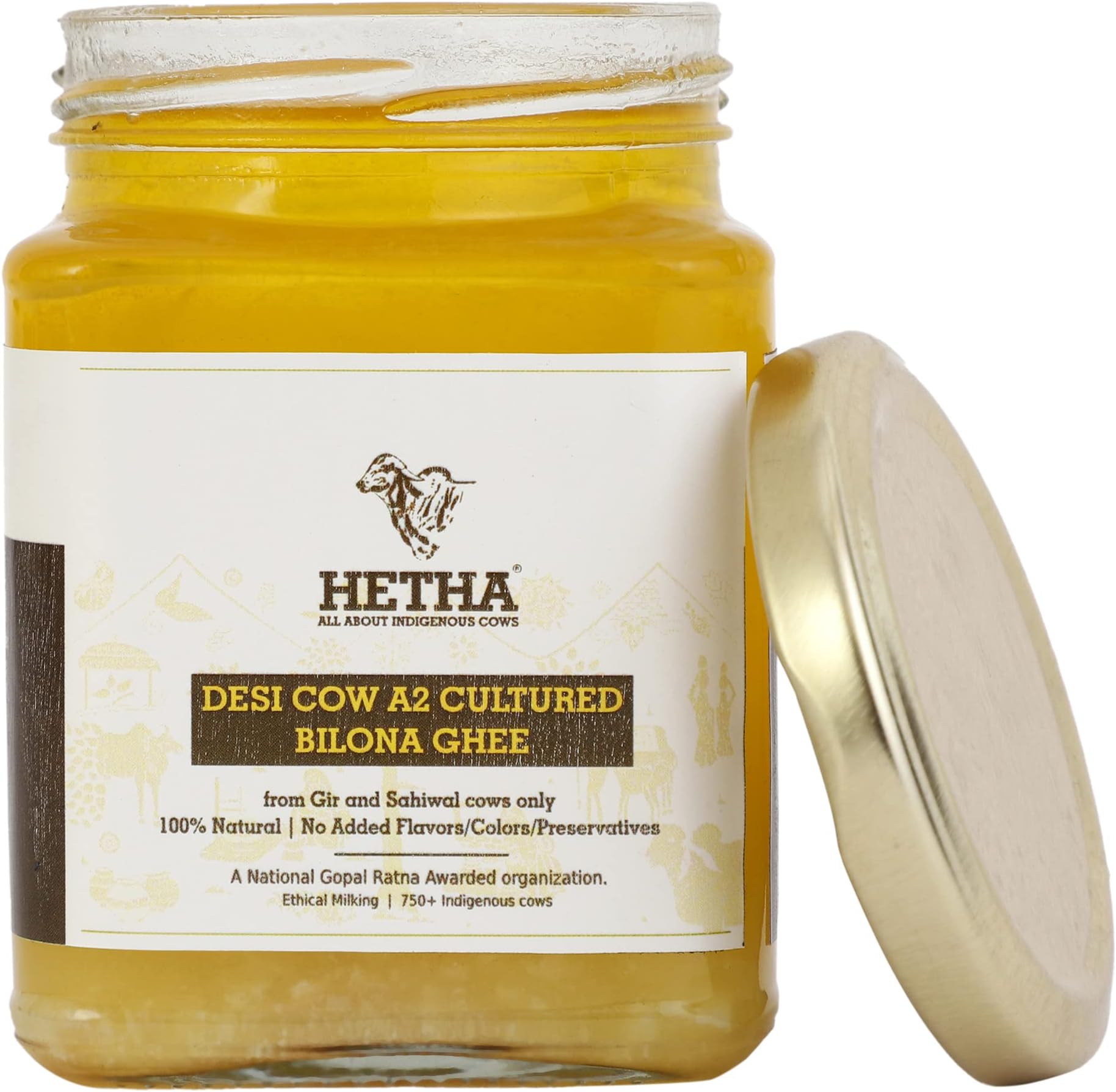 Organics Desi Cow Bilona A2 Cultured Ghee Made in Brass Utensil (Peetal kadhai) Single Origin Made at Hetha Farm The Traditional Way - 250ml