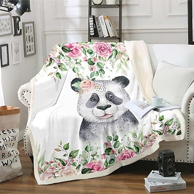 Erosebridal Kawaii Panda Sherpa Blanket Cute Animal Blanket Bear Throw Blanket for Chair for Kids Cartoon Wildlife Fleece Blanket Twin Size Flower Floral Plush Blanket Luxury Children Gifts
