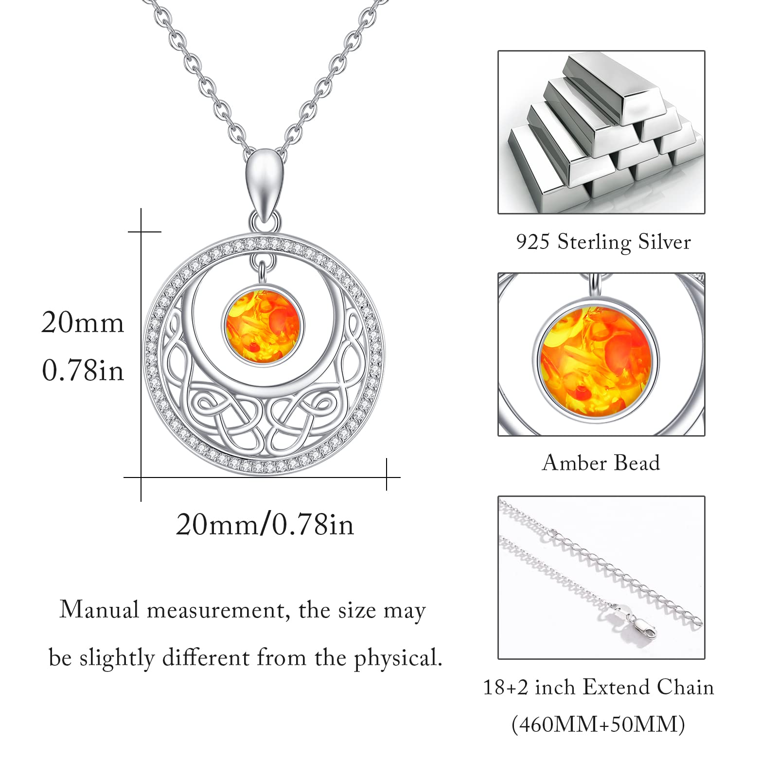 REDSUN Collar de luna y sol de plata de ley 925 Collar celta Luna y Sol Colgante con Cristal Moonstone Luna y Sol Joyería Regalo para Mujeres Niñas, 20mm x 20mm, Plata esterlina