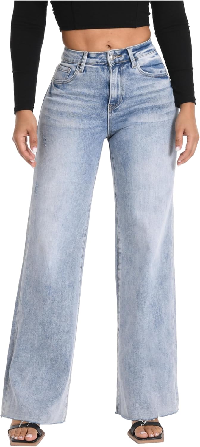 ONESO Wide Leg Jeans for Women High Waisted Stretchy Baggy Jeans BBL Loose Fit Tummy Control Denim Pants Raw Hem Casual