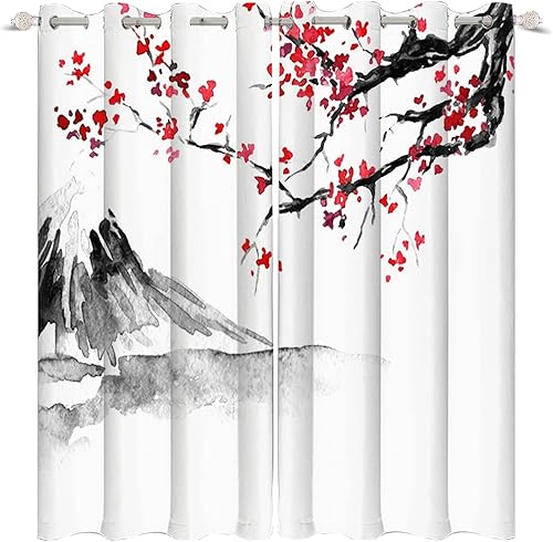 Miniatura 4 de DORCEV Cortinas de ventana con flores de ciruelo rojo, oriental, asiático, chino, pintura tradicional, arte clásico, cortinas creativas naturales,