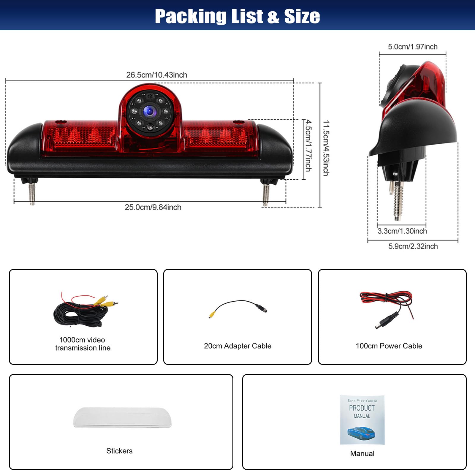 CAMECHO Rückfahrkamera HD Nachtsicht IP67 Wasserdichter Kamera für FIAT Ducato Peugeot Boxer Citroen Jumper 2006-2017, Bremslicht mit Weitwinkel 140°, 12V, 10M Kabelgebundene Verbindung