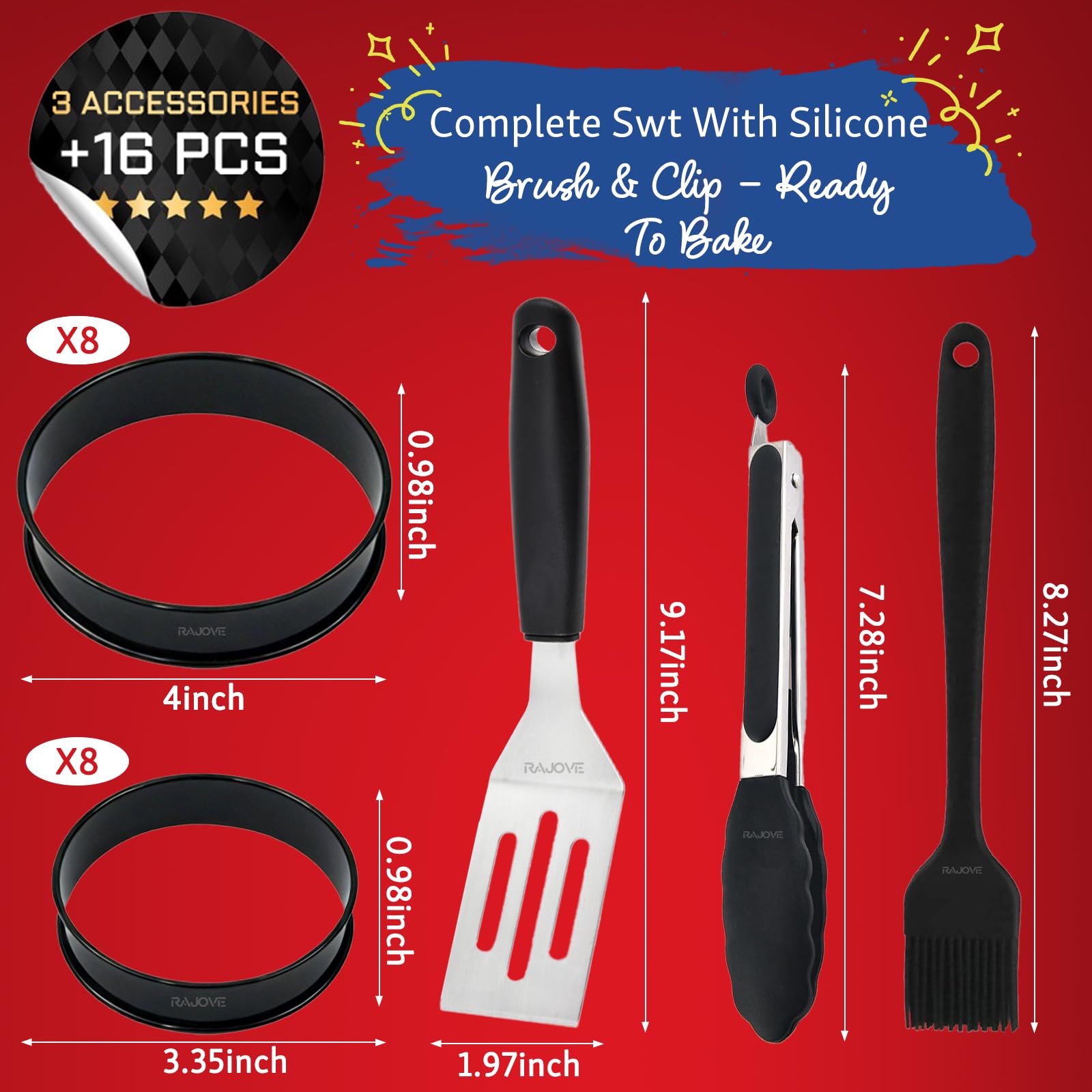 16PCS English Muffin Rings, 4 Inch+3.35 Inch Stainless Steel Ring Molds For Cooking Set, Nonstick Metal Round Cake Ring, Muffin Ring,Cooking Rings for Baking With Silicone Brush/Clamp/Trowels