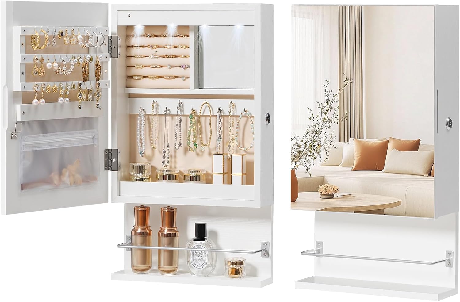 HOOBRO Wall Mounted Jewelry Cabinet, LED Jewelry Armoire with Interior Mirror, Hanging Jewelry Organizer for Wall, Lockable Jewelry Storage Cabinet, 3.9 x 11.8 x 20.9 Inches, White