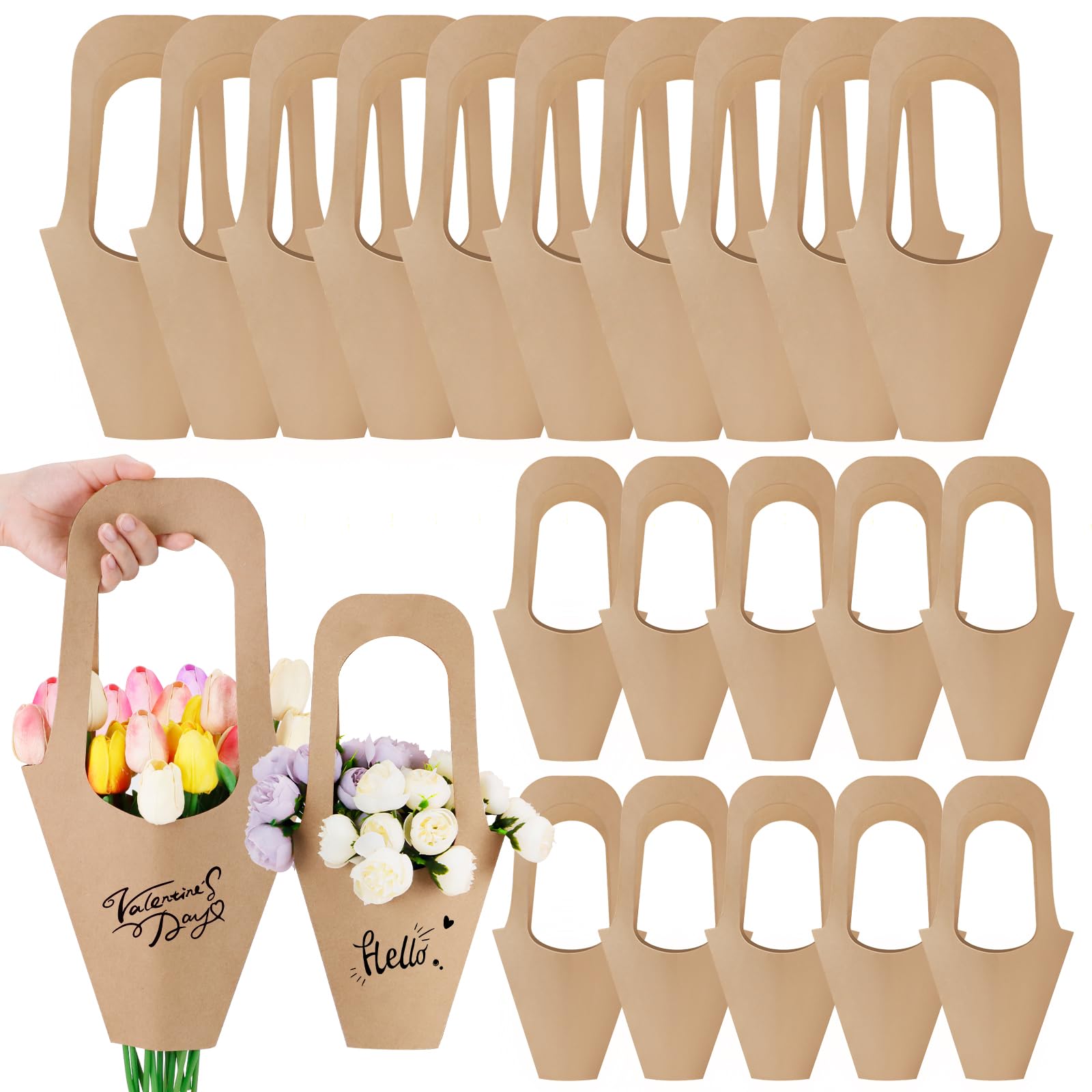 WANDIC - Coni di carta kraft, 50 pezzi, neri, per coriandoli di nozze, bouquet di petali, scatole, porta fiori, con nastrini di canapa, etichette e nastro adesivo Marrone chiaro