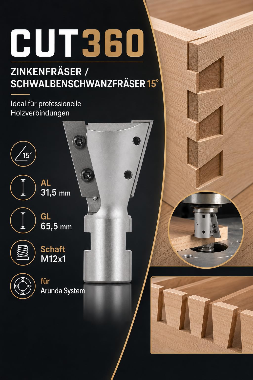 CUT360 - Zinkenfräser/Schwalbenschwanzfräser 15° für Arunda® System | Ø 40 HM, rechts | AL 31,5 mm, GL 65,5 mm | Schaft M12x1 | inkl. Wendemesser | Wendeplatte 901.315.09.00