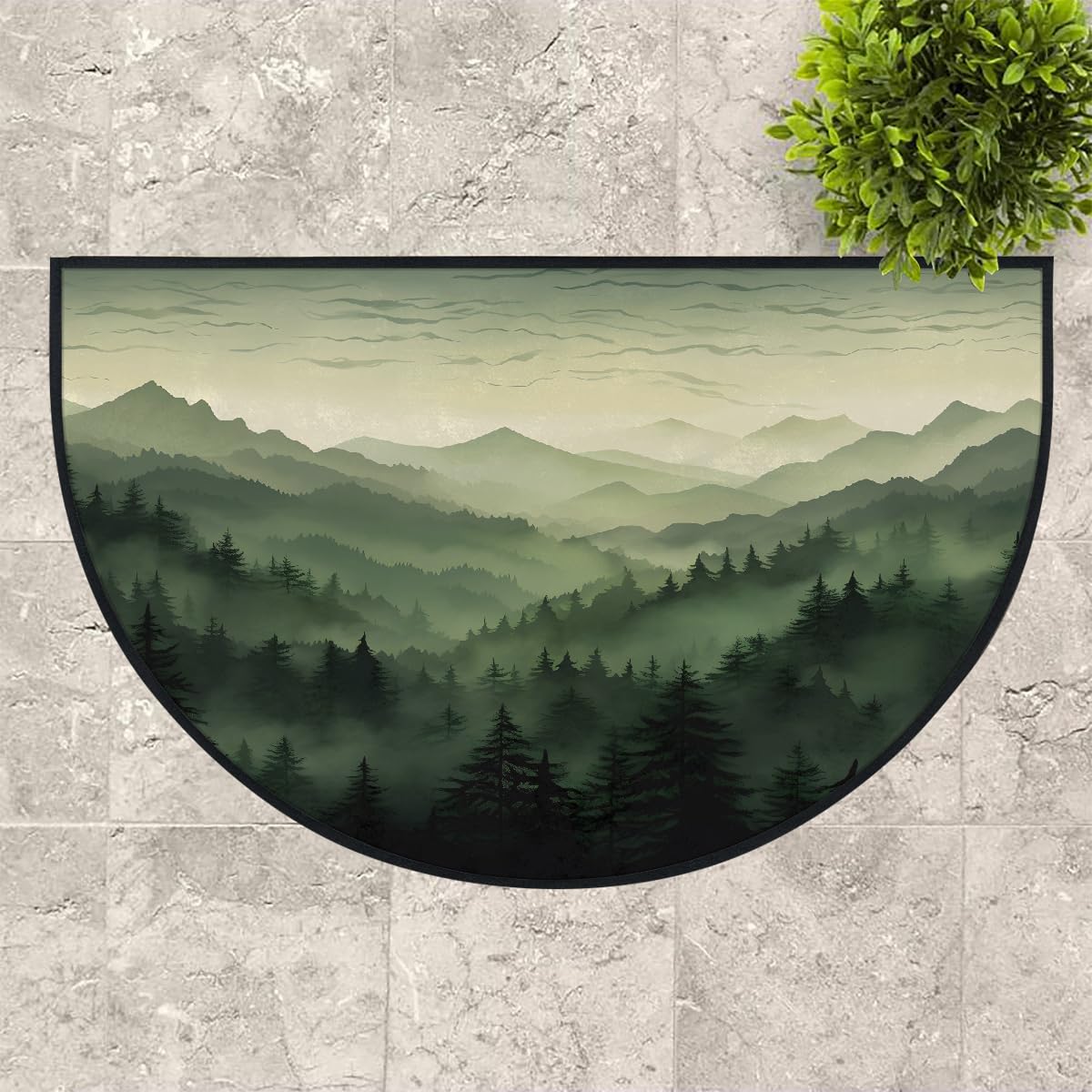 Mexpekil Paillasson demi-lune vert paysage de montagne pour intérieur et extérieur - Tapis de sol antidérapant lavable - Demi cercle - Attrape la saleté - 100 x 160 cm