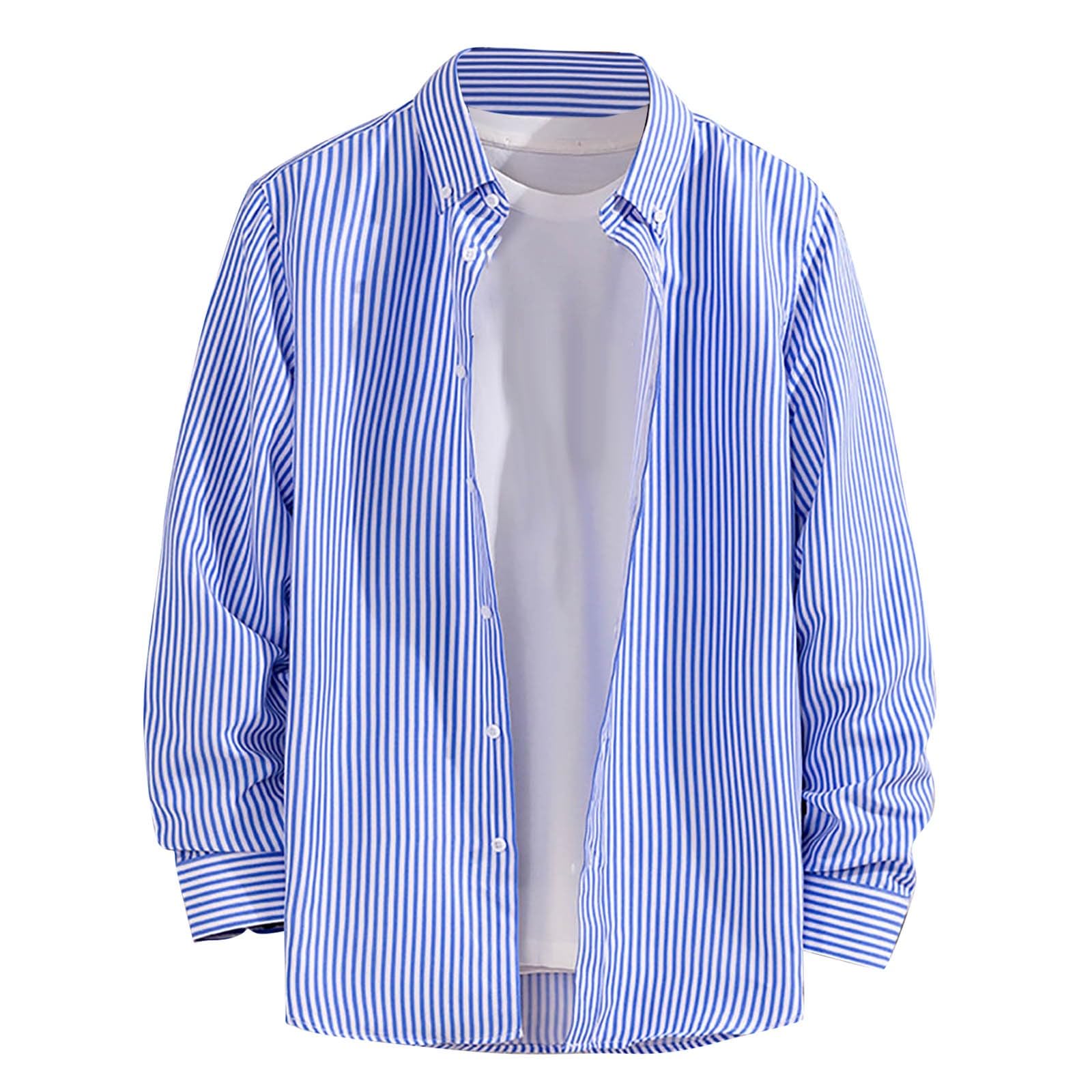 Men's Long Sleeve Striped Shirt Button Down Casual Plaid Shirts Lapel Formal Business Tops Breathable Daily Top